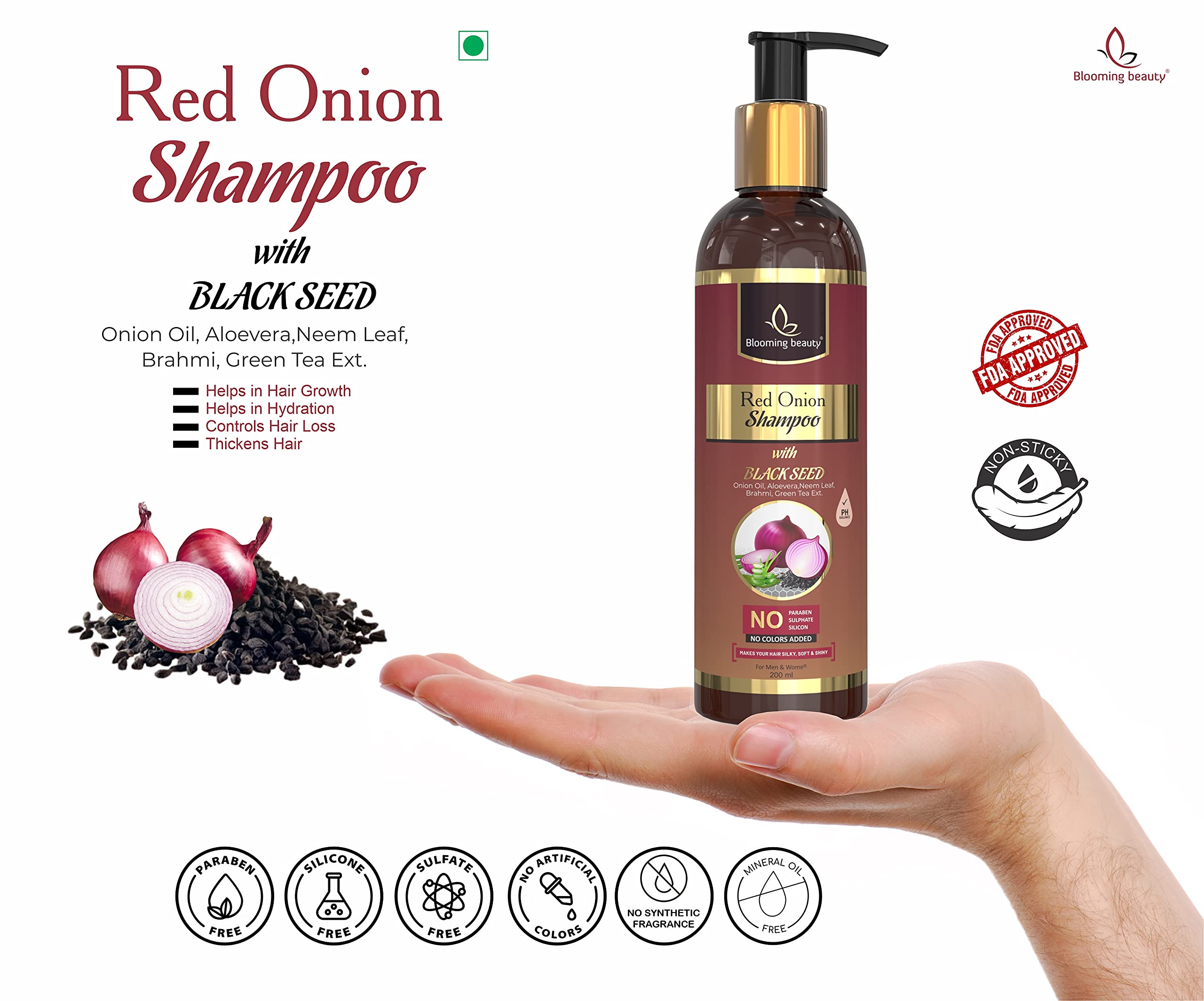 Red Onion Shampoo with Black Seed & 19 Natural Extracts (Aloe Vera, Neem, Green Tea) for Hair Growth & Hair Fall Control - 200ml | Promotes Healthy Scalp & Stronger Hair | Perfect for Daily Use & Damaged Hair Care