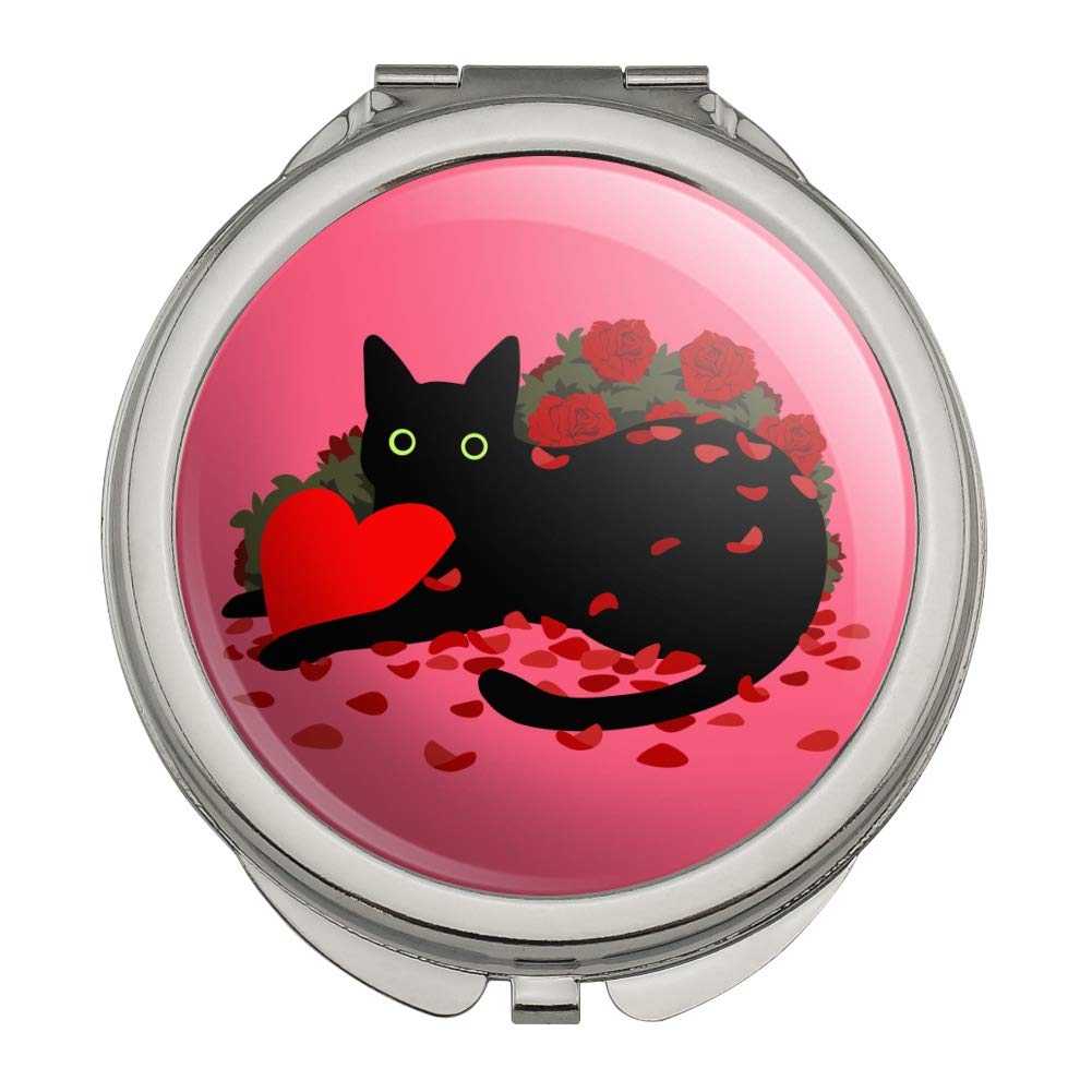 Black Cat Valentine's Day Compact Mirror with Rose Petals - Heart-Shaped Travel Makeup Mirror for Purse, Handbag - Perfect for Romantic Dates, Weddings & Gift Giving