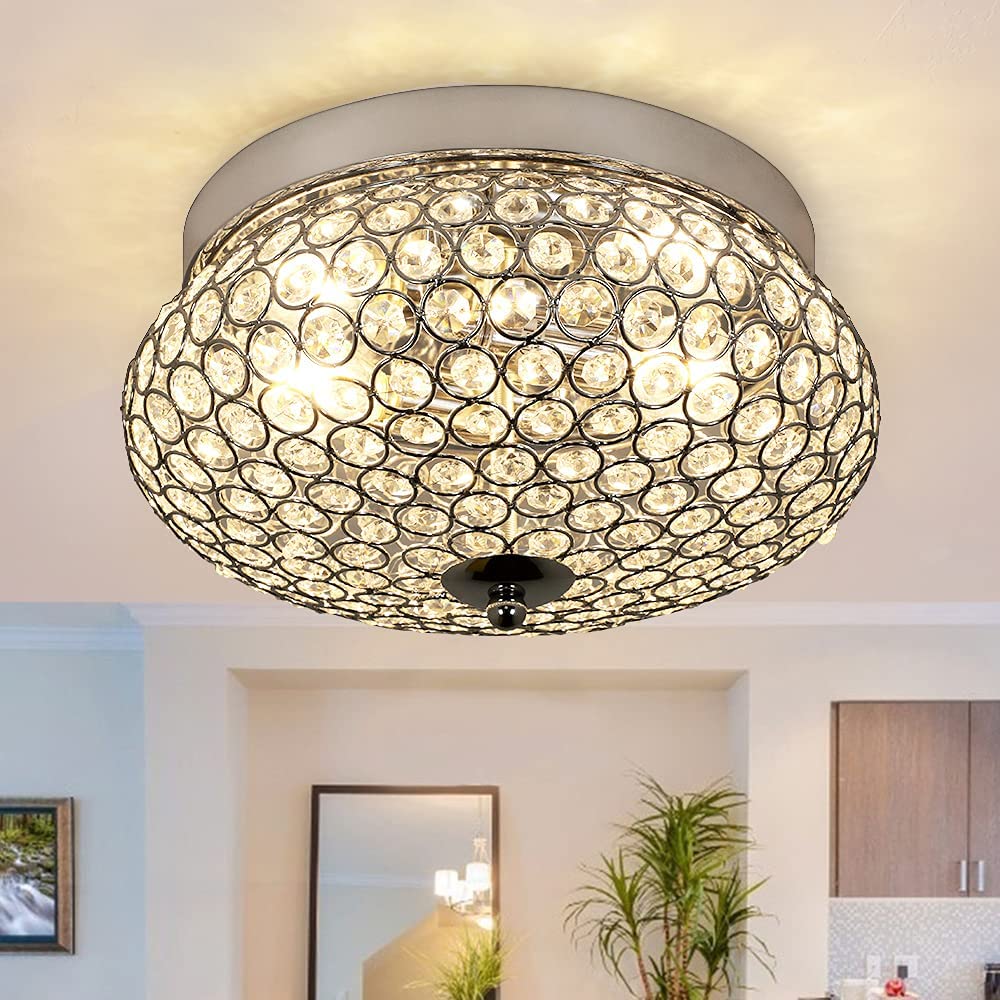 Modern Crystal Chandelier Flush Mount Ceiling Light Fixture - 2-Light Crown Design for Bedroom, Kitchen, Living Room - Chrome Finish | Elegant Lighting for Home Decor & Dining Areas