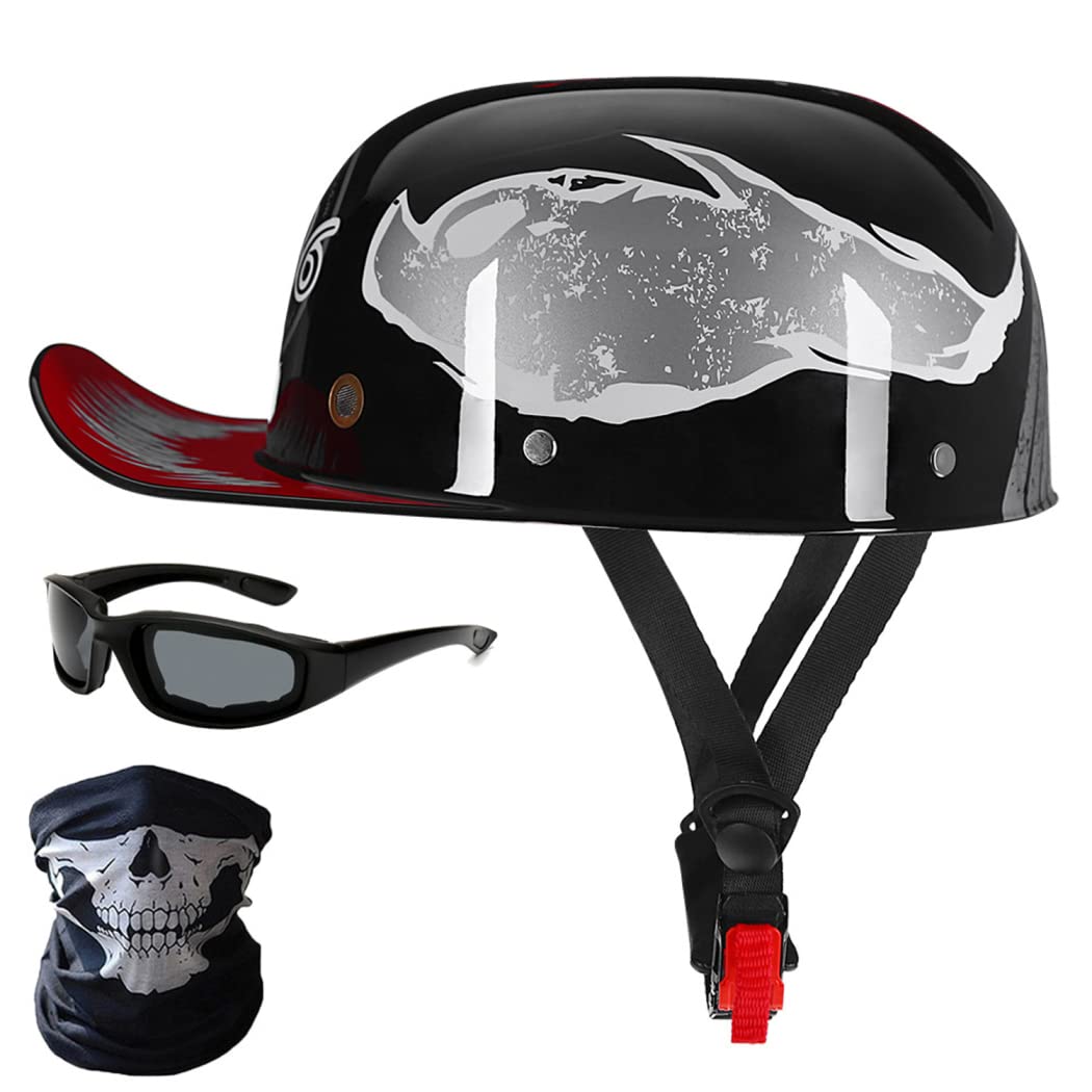 Vintage Open Face Baseball Cap Motorcycle Helmet DOT Approved - Retro Style Motorcycle Helmet for Men & Women, Scooter & Moped Riding, Street Cruiser Safety Gear (Bright Black Spider, XL) - Perfect for Urban Commuting, Weekend Rides & Vintage Bike Enthusiasts