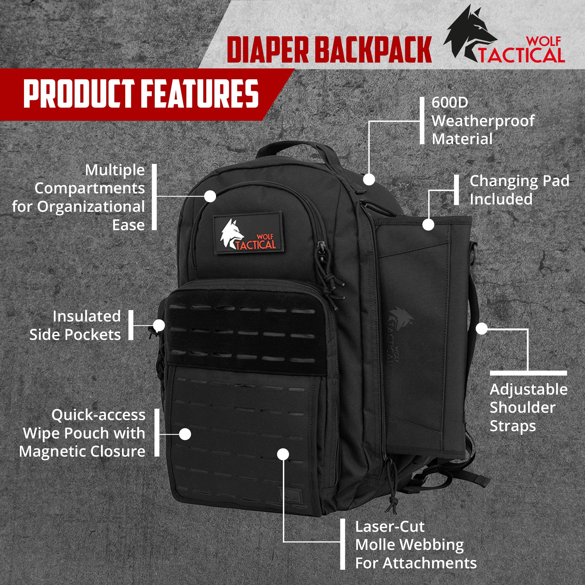 WOLF TACTICAL Military Style Diaper Backpack for Dads - Waterproof Baby Bag with Changing Pad & Multiple Pockets | Perfect for Travel, Hiking & Everyday Parenting
