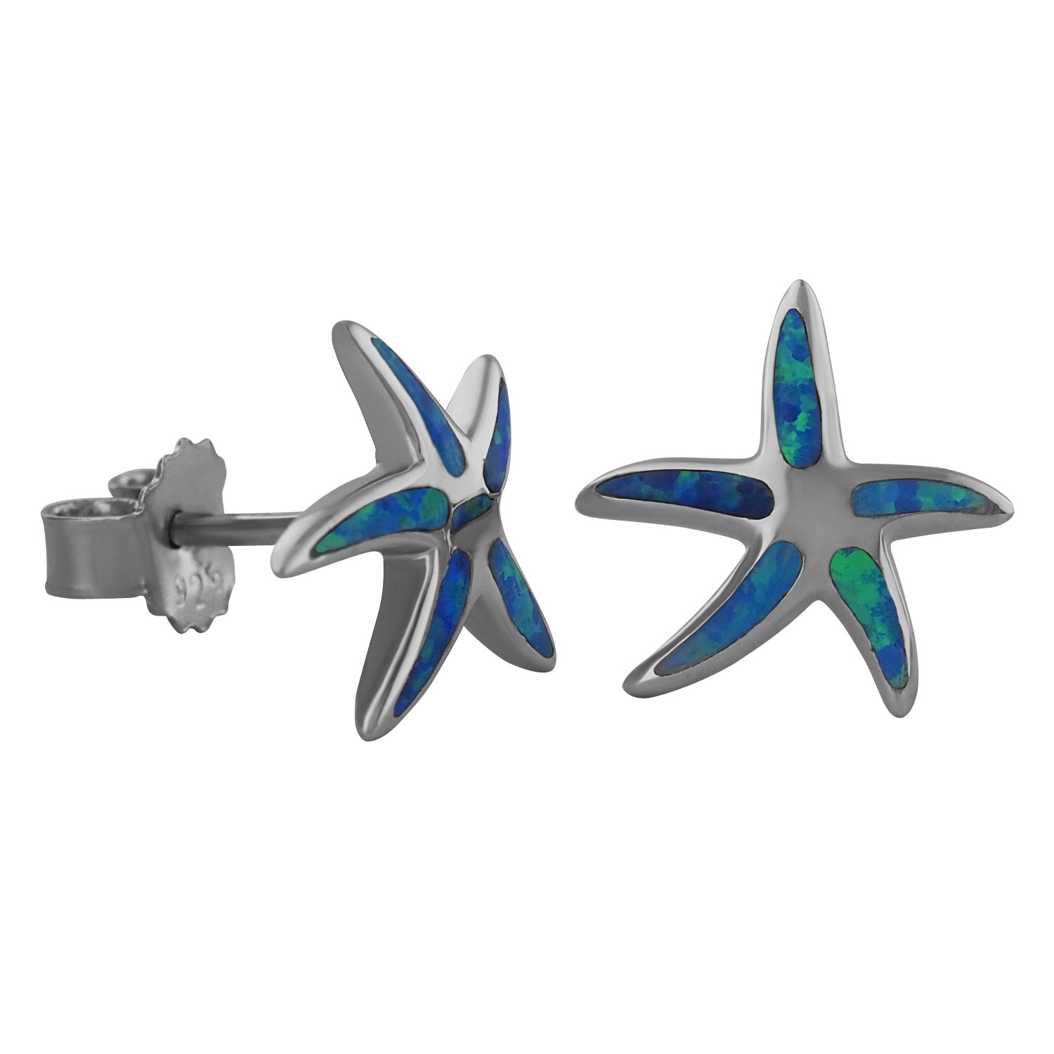 Sterling Silver Synthetic Blue Opal Starfish Stud Earrings for Women | Dainty Ocean-Inspired Jewelry | Perfect for Beach Vacations, Summer Outfits & Gift Giving
