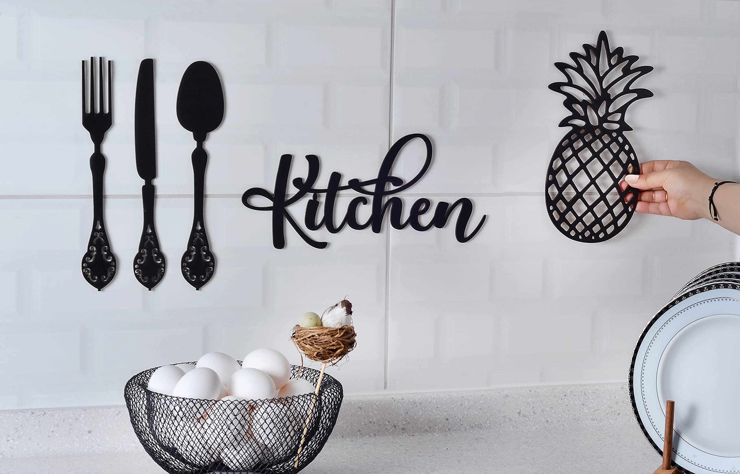 4eN Modern Wooden Kitchen Wall Decor Set - 5 Piece MDF Cutlery Sign for Dining Room, Kitchen, Cafe & Farmhouse | Rustic Home Accessories for Wall Decoration & Interior Design