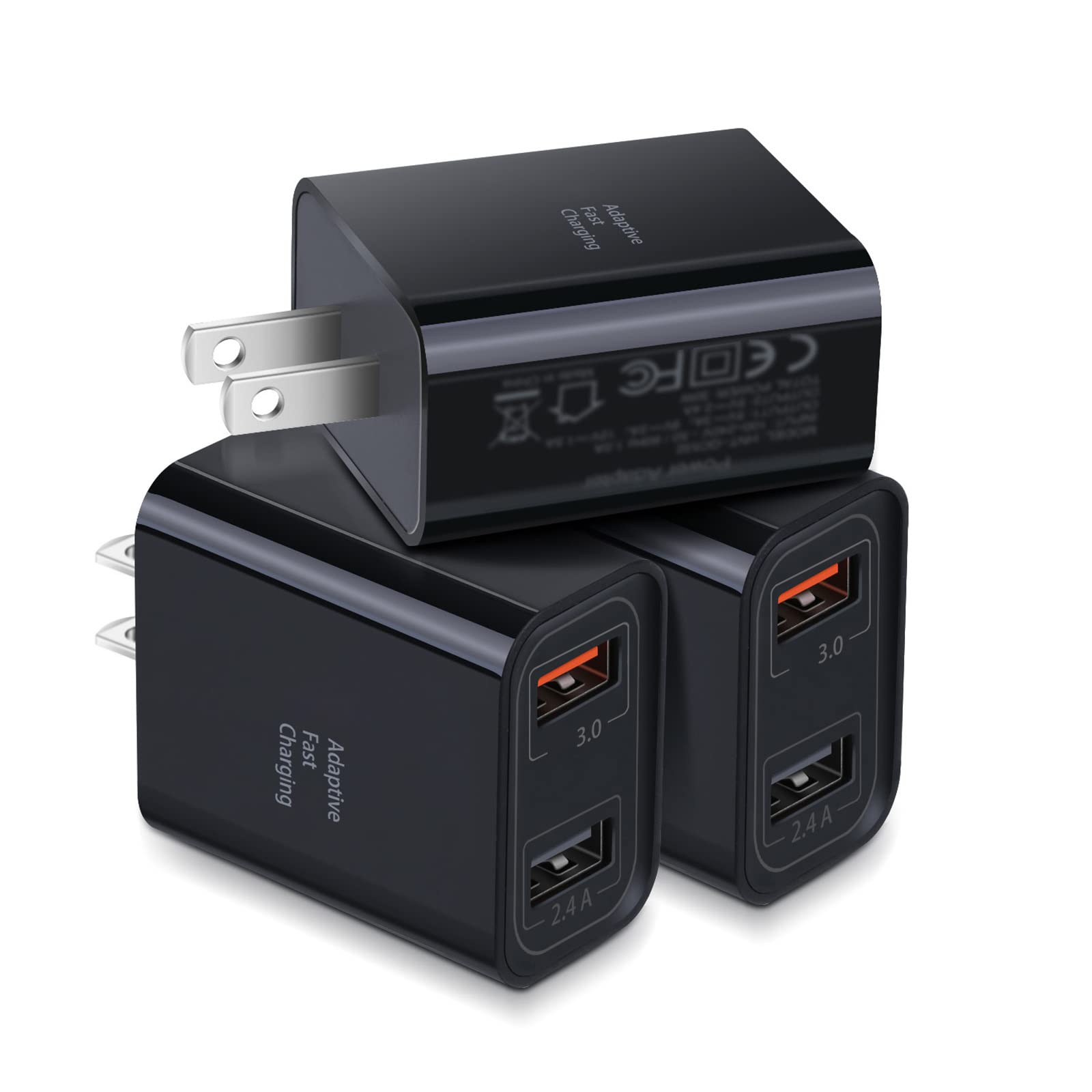 Costyle 3-Pack 30W Dual USB Wall Charger with Adaptive Fast Charging - 2 Ports Quick Charge 3.0 & 5V 2.4A - Compatible with iPhone 11/XS Max, Samsung Galaxy S10/S9/S8, Note 9/10, Pixel (Black) - Perfect for Home, Office & Travel Charging