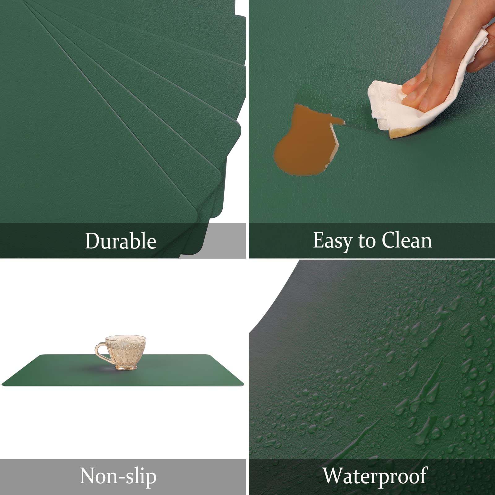 Vinjiasin 4-Pack Green Leather Placemats Set - Waterproof, Heat Resistant & Reversible Table Mats for Indoor/Outdoor Use - Easy to Clean Kitchen & Dining Accessories - Perfect for Daily Meals, Parties, and Christmas Decorations