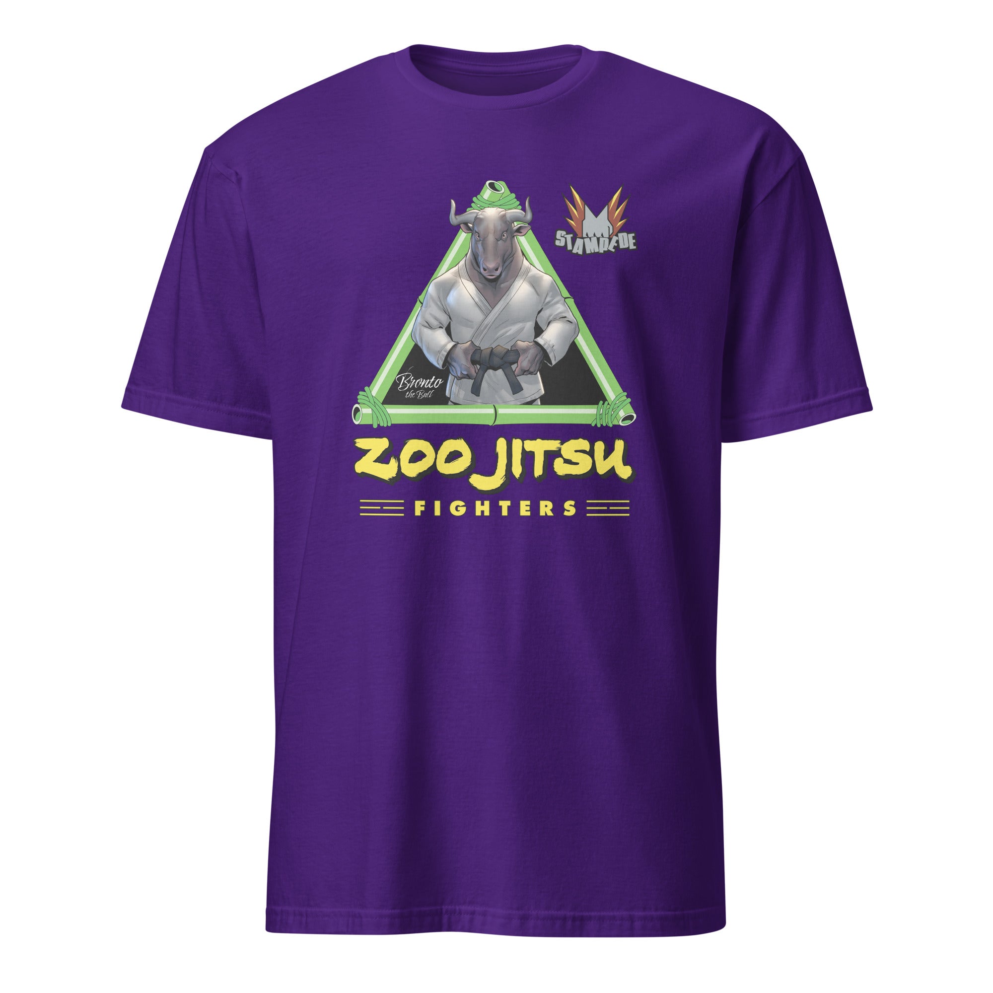 Zoo Jitsu Fighters Bronto the Bull Graphic T-Shirt - Unisex Short Sleeve Cotton Tee - Funny Animal MMA Shirt for Men & Women - Perfect for Gym, Casual Wear & Gifts