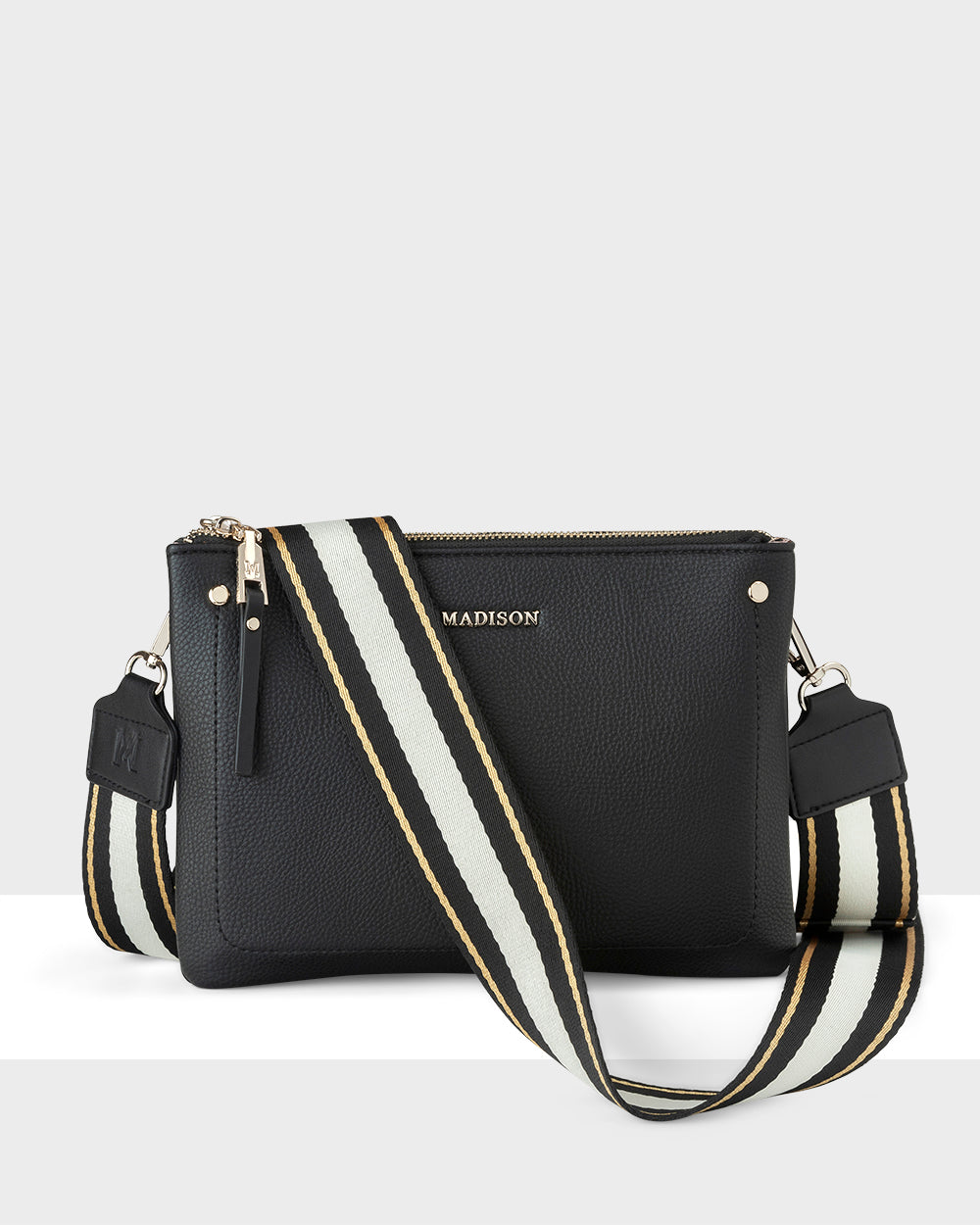 Charlotte Double Zip Crossbody Bag with Metallic Stripe Strap - Stylish Hands-Free Purse for Women, Perfect for Travel, Shopping & Everyday Use