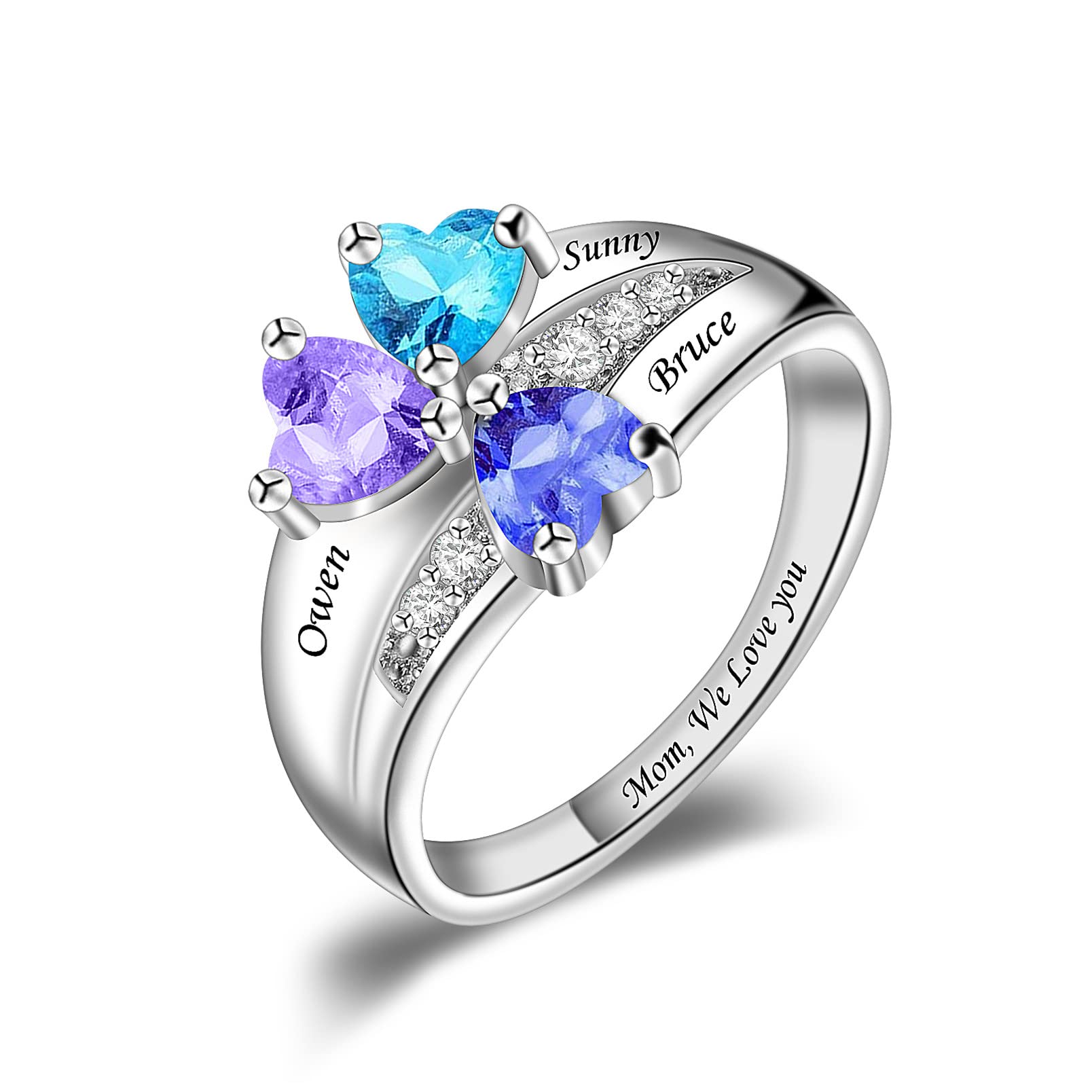 Custom Mothers Ring with 3 Birthstones - Sterling Silver Personalized Name Rings for Women | Vintage Heart Design Anniversary & Promise Rings | Engraved with 3 Names | Perfect Gift for Mother's Day, Birthday & Special Occasions