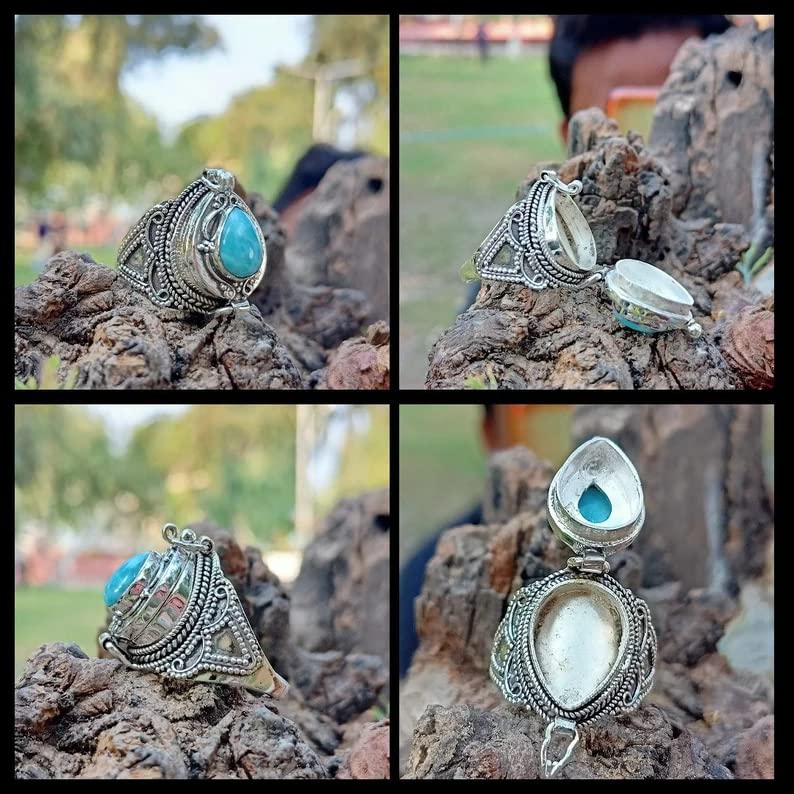 Larimar Gemstone Ring - 925 Sterling Silver Antique Poison Box Ring with Locket - Vintage Boho Style Jewelry - Pear Cut Dominican Republic Larimar - Perfect for Costume Parties, Gothic Fashion & Unique Gift Giving