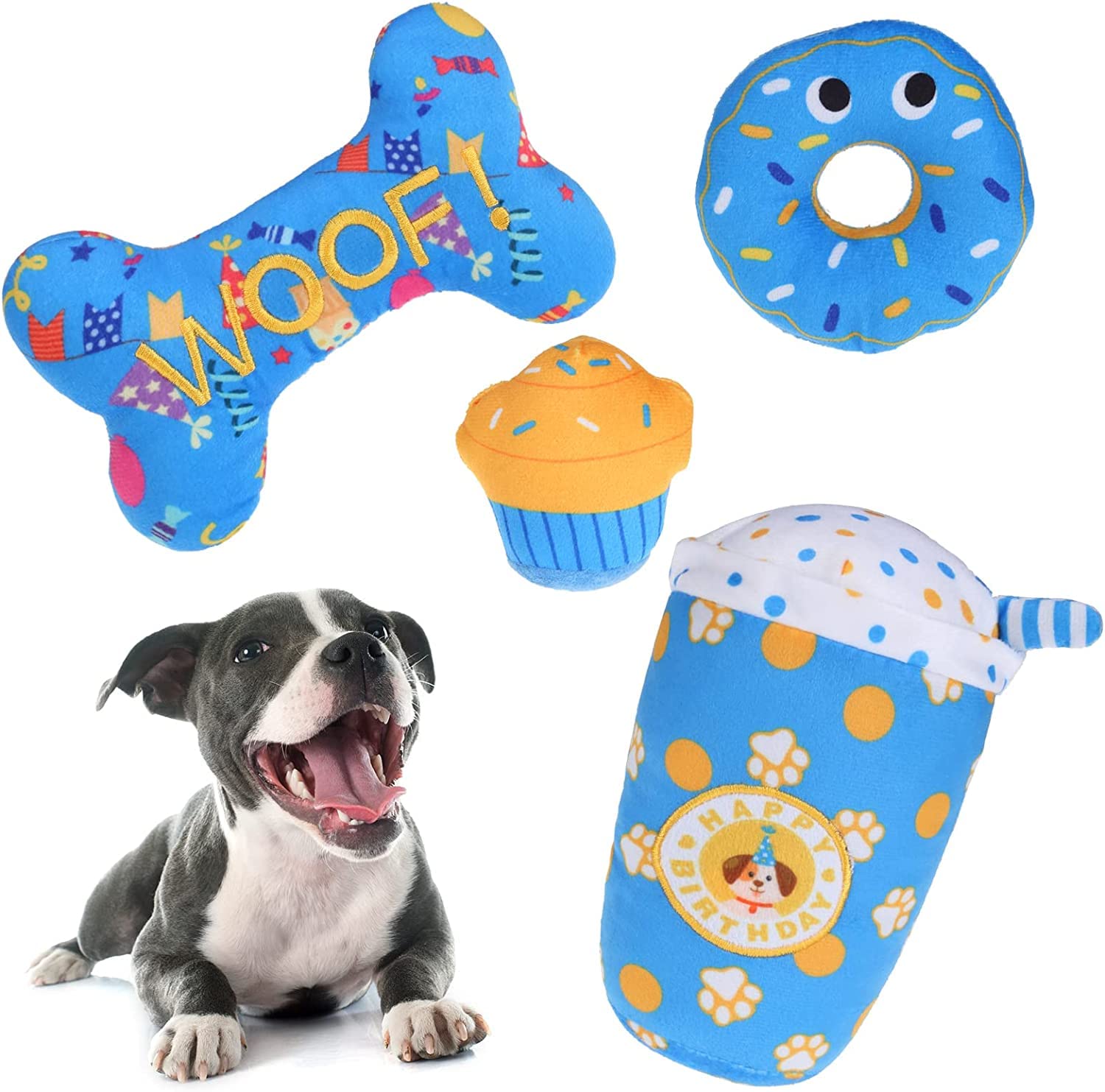 Furryhug 4 Pack Squeaky Dog Toys - Cute Plush Chew Toys for Small & Medium Dogs (Bone, Cupcake, Donut, Star) | Perfect for Puppy Birthday Parties, Training Rewards & Playtime Gifts