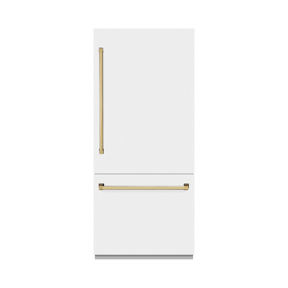 ZLINE Autograph Edition 36 Inch Built-In Bottom Freezer Refrigerator - 19.8 cu ft Capacity, Water Dispenser & Ice Maker - White Matte with Polished Gold Accents (RBITZ WM 36 G) | Perfect for Modern Kitchens, Open Concept Homes & Luxury Appliances Collection