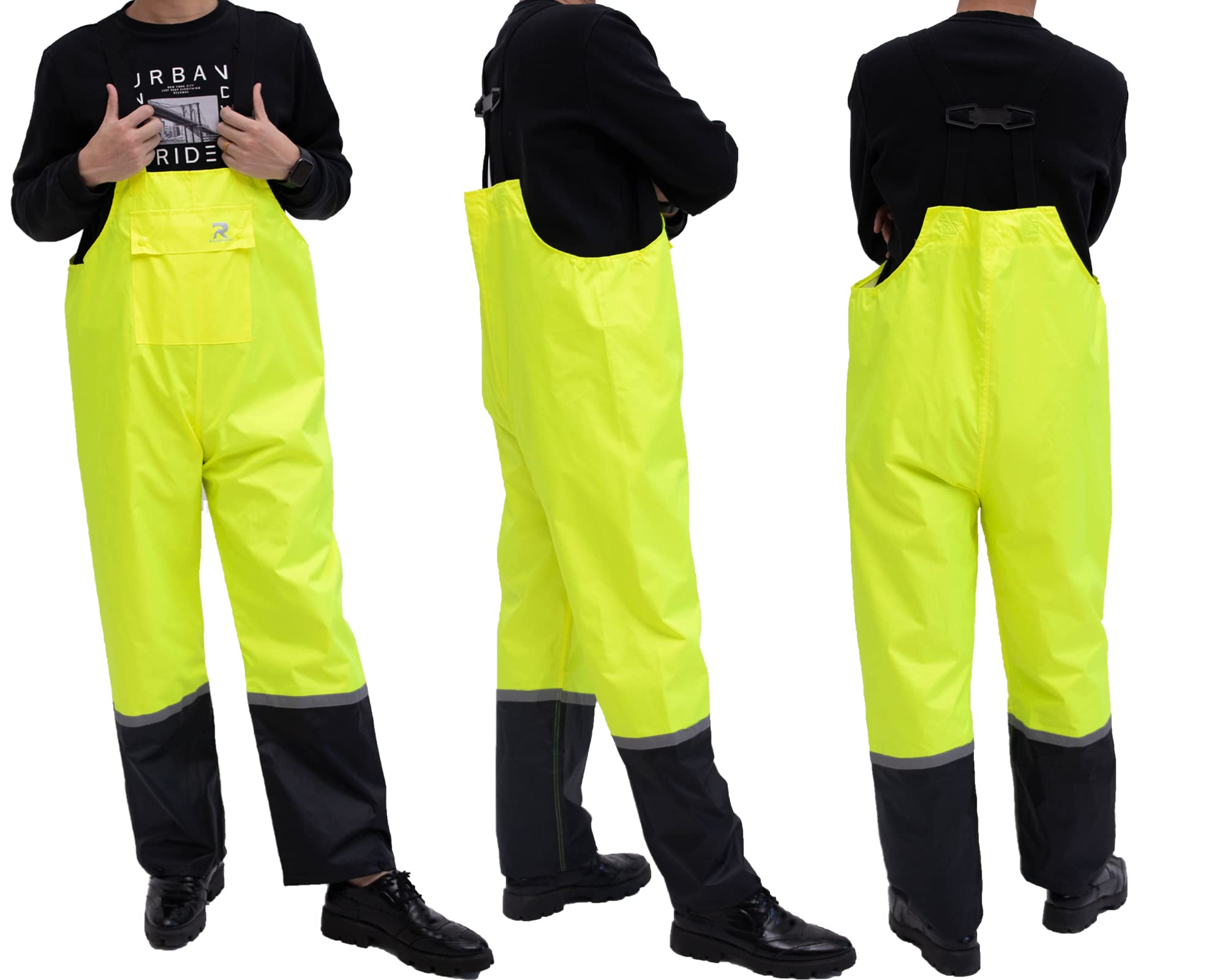 RainRider Waterproof Rain Bib Pants for Men & Women - 150D Oxford Rip-Stop Work Overalls - Heavy Duty Safety Trousers for Construction, Fishing & Outdoor Activities