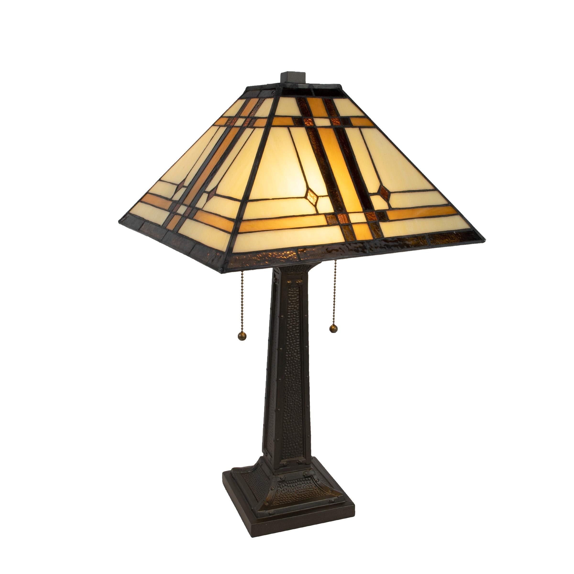 Tiffany Style Table Lamp with Mission Glass Shade & Vintage Bulbs - Elegant Home Office Decor, Bedside Lighting, Living Room Accent