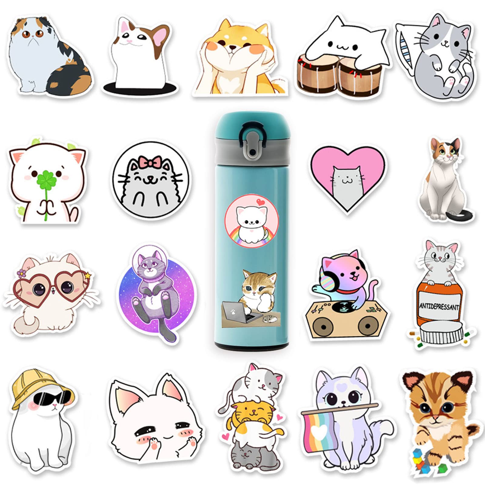 50Pcs Unique Reusable Cat Stickers - Waterproof Kawaii Kitty Decals for Kids & Adults - Perfect for Water Bottles, Laptops, Journals & DIY Crafts