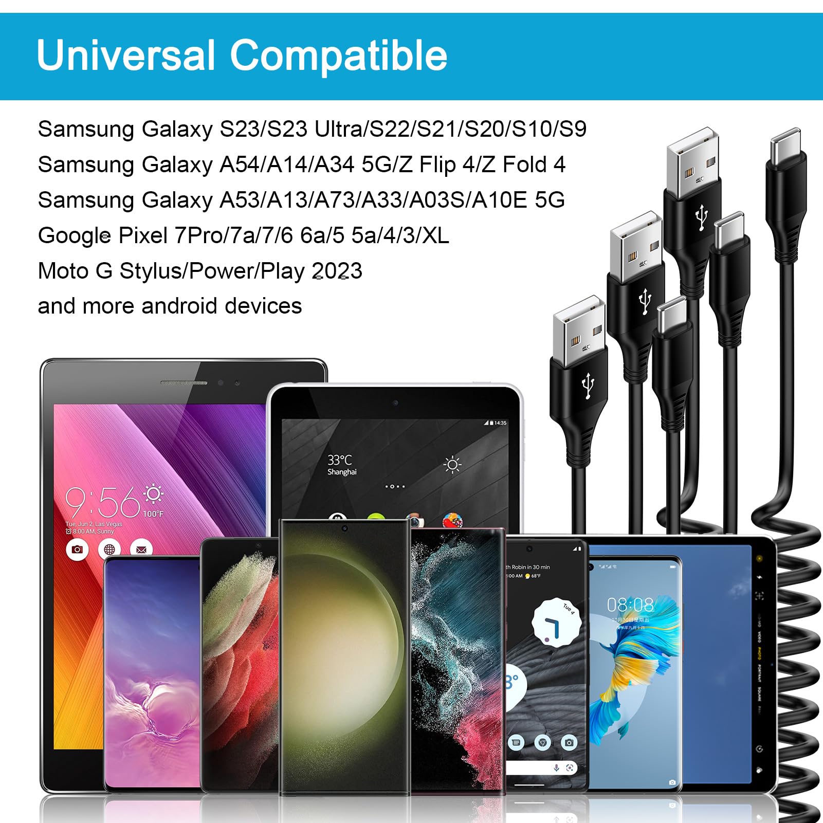 Fast Charging USB C to USB A Cable 3-Pack - Retractable Coiled Android Auto Car Charger for Samsung Galaxy S24/S23/S22/A54/A34 & Google Pixel 8Pro/8a/7a/7/6/5/4 - Perfect for Road Trips & Daily Commute