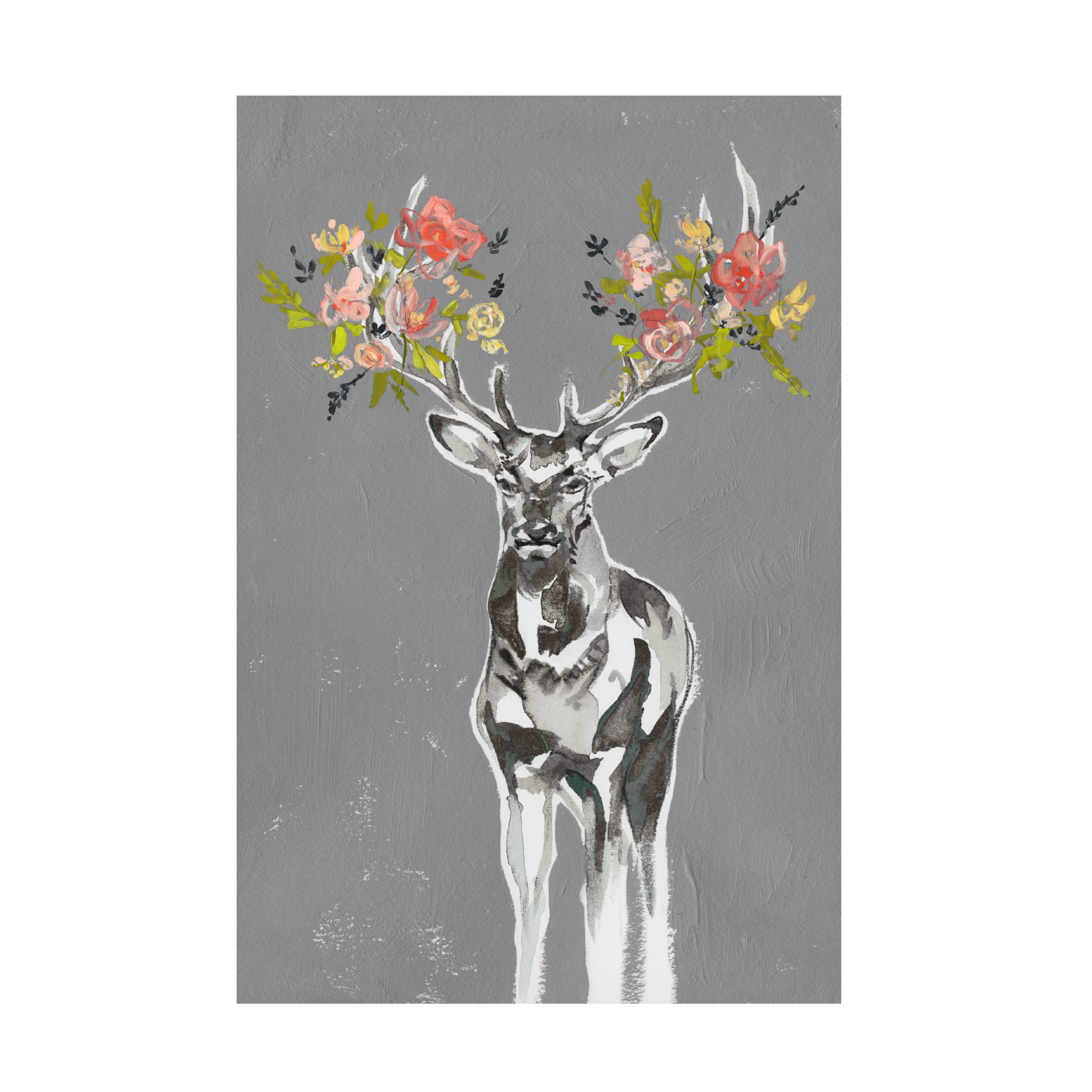 Jennifer Goldberger 'Deer And Flowers II' Canvas Wall Art Print - Nature Inspired Home Decor for Living Room, Bedroom & Office