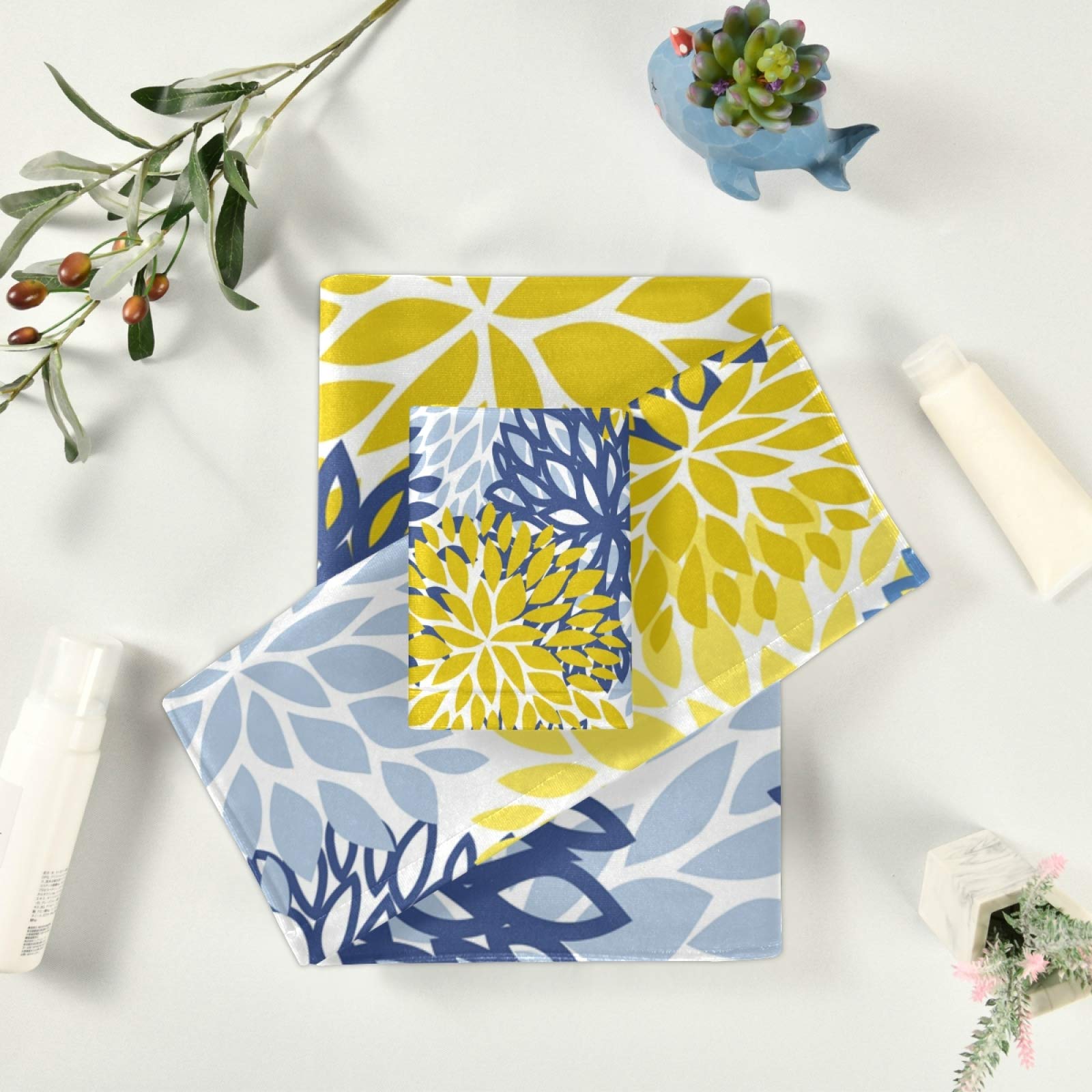 Premium Blue Yellow Navy Chrysanthemum Flower Bath Towel Set - 1 Bath Towel, 1 Hand Towel, 1 Washcloth - Soft Absorbent Cotton Towels for Bathroom, Kitchen & Spa Decor - Perfect for Home, Hotel & Gift Giving