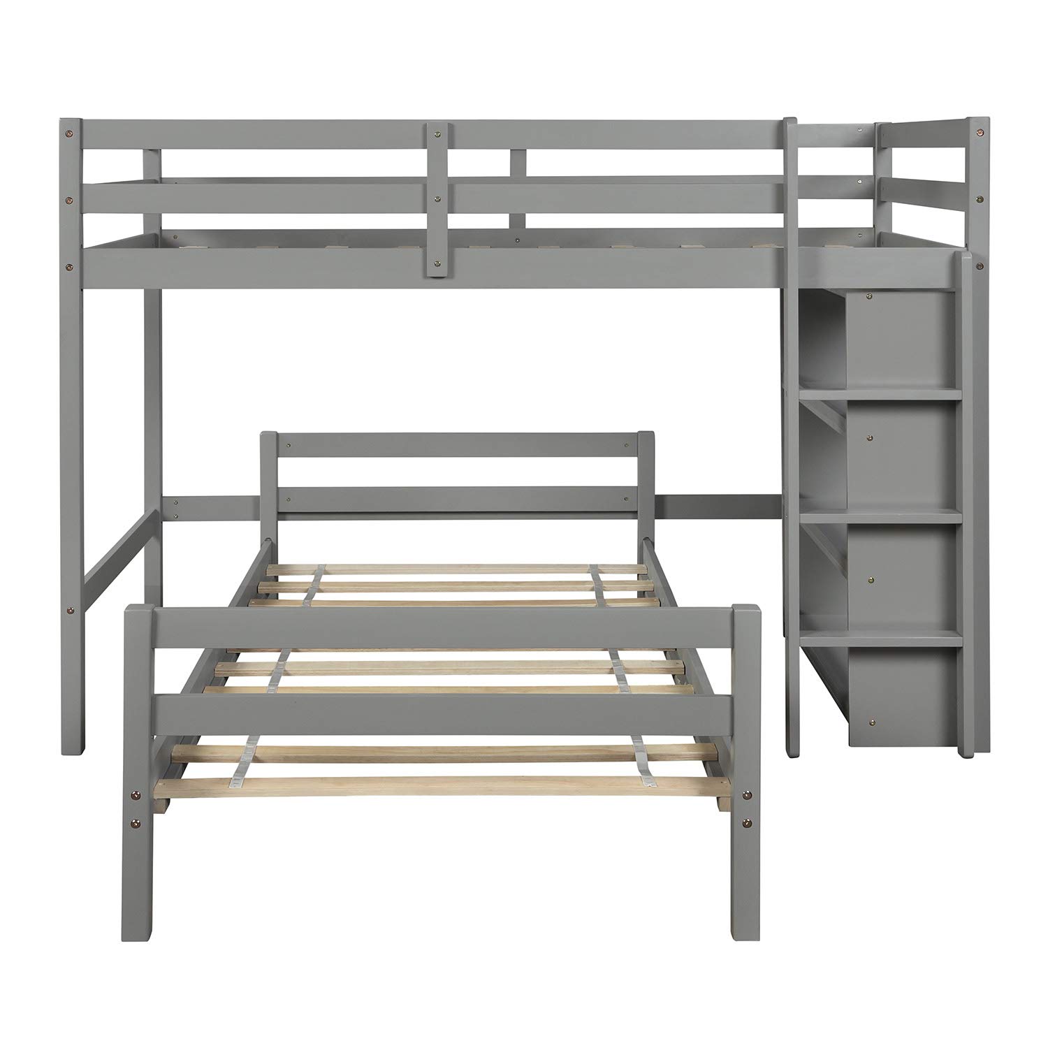Solid Wood Twin Over Twin L-Shaped Bunk Bed with Shelves & Ladder - Convertible to Loft Bed & Twin Platform Bed, No Box Spring Needed (Grey & Pinewood) - Perfect for Kids' Bedrooms, Guest Rooms & Small Spaces