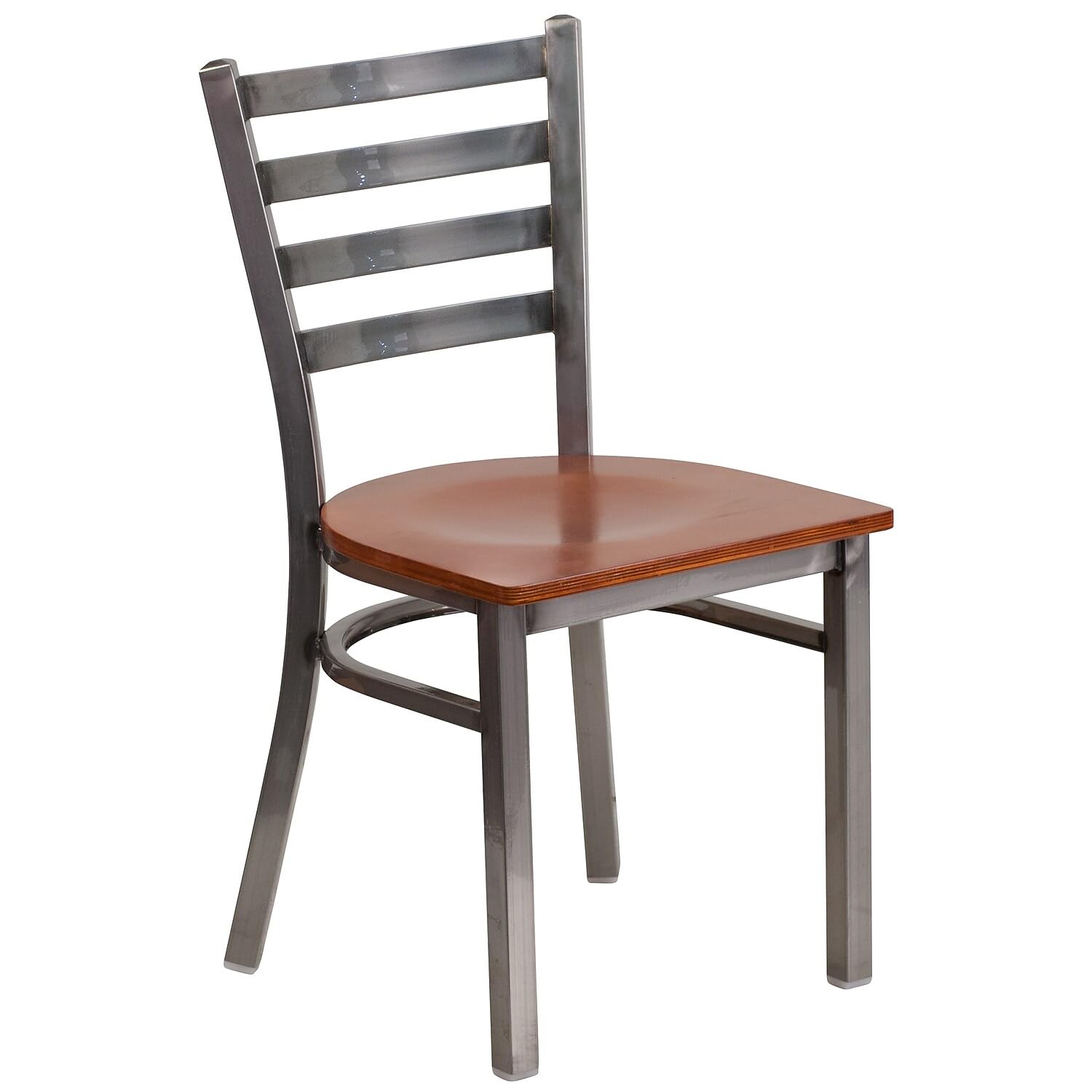 Flash Furniture 2-Pack HERCULES Series Clear Coated Metal Ladder Back Restaurant Chairs with Cherry Wood Seat - Stackable Dining Chairs for Cafes, Bistros & Commercial Use