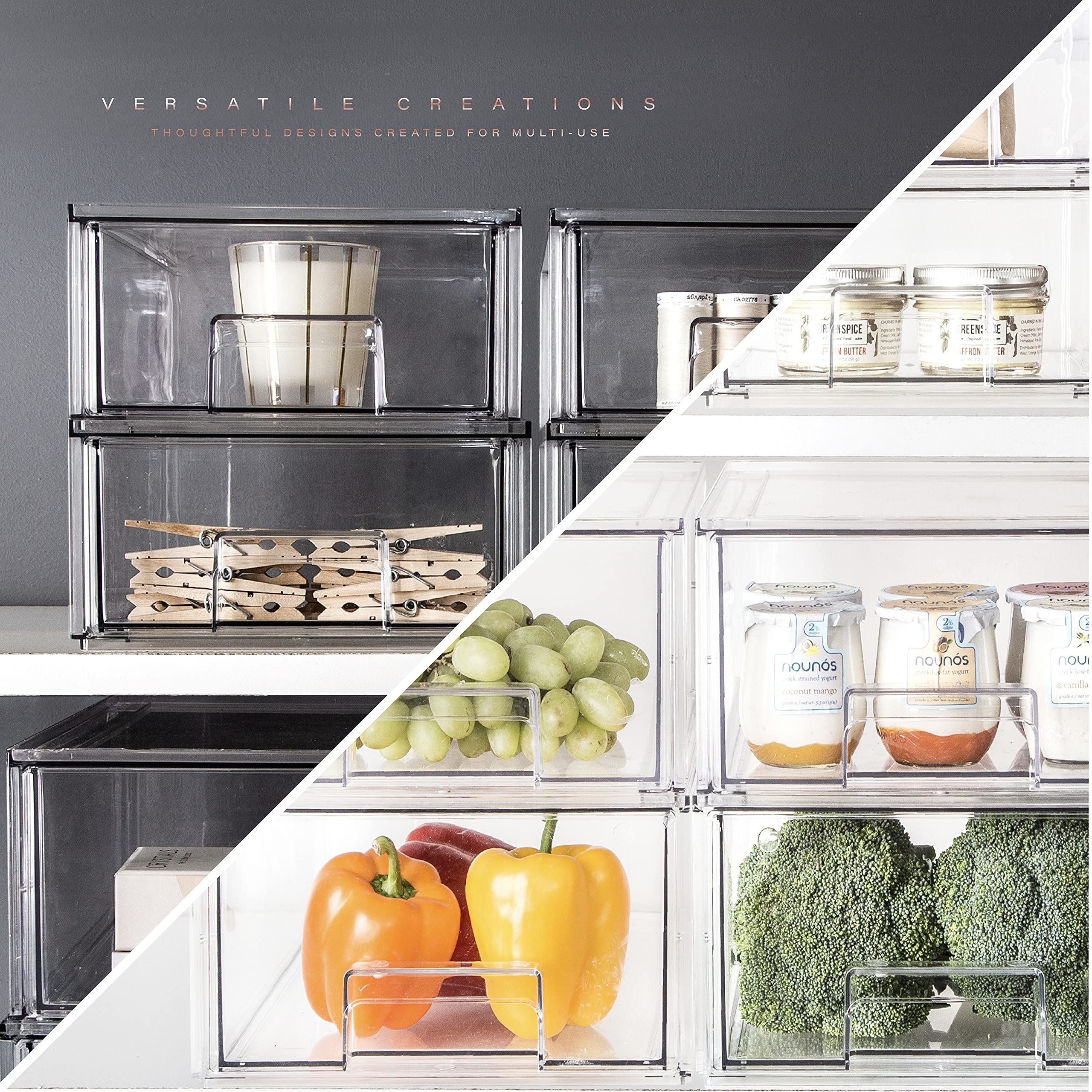 BINO Stackable Plastic Storage Drawers - 6 Pack Large BPA-Free Organizer Bins | Multi-Use for Pantry, Fridge, Home & Office Organization | Space-Saving Drawer Storage Solution for Kitchen, Bedroom, Closet & Garage