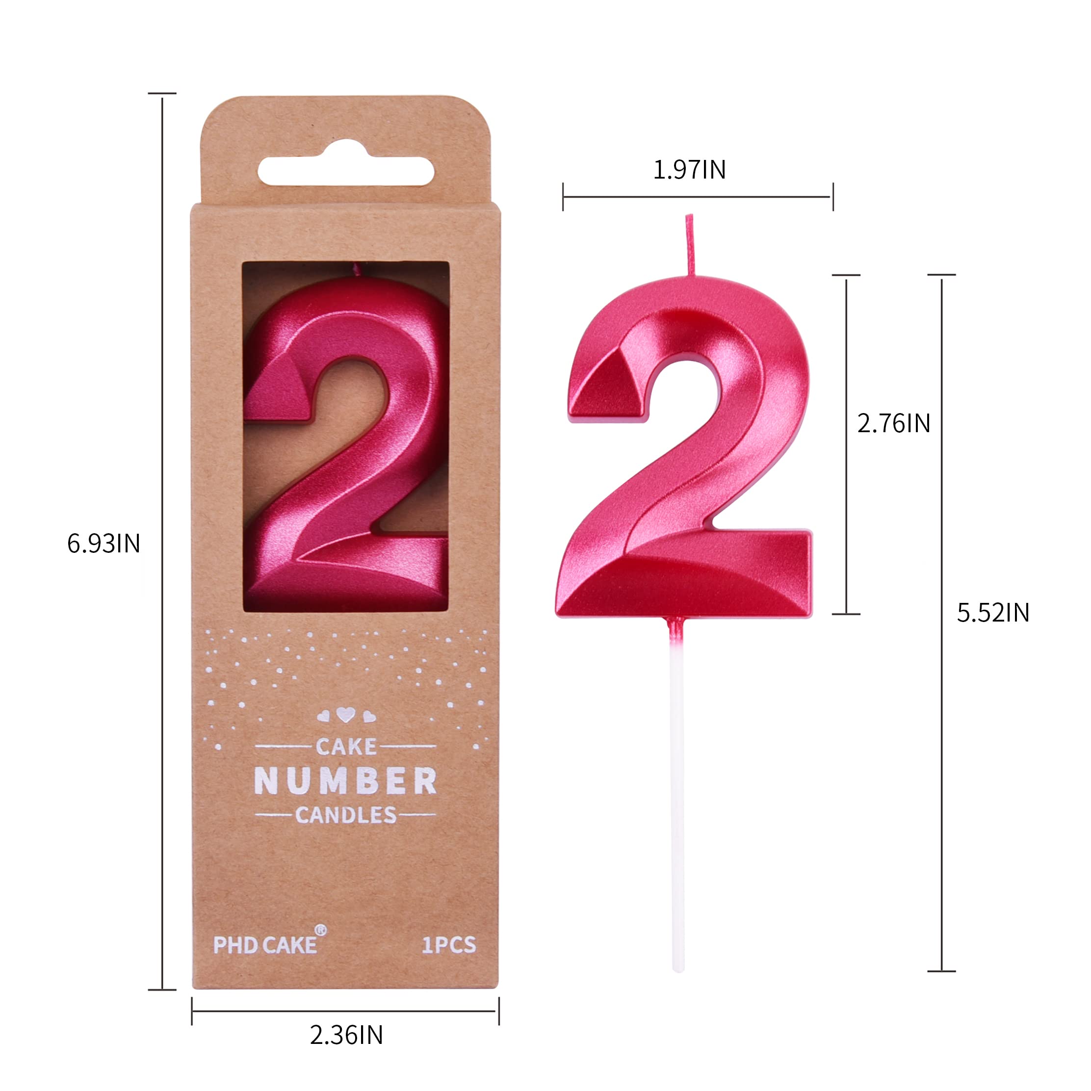 PHD CAKE 2.76 Inch Diamond Red Number 2 Birthday Candles - Premium Cake Toppers for Birthday Parties, Anniversary Celebrations & Special Events