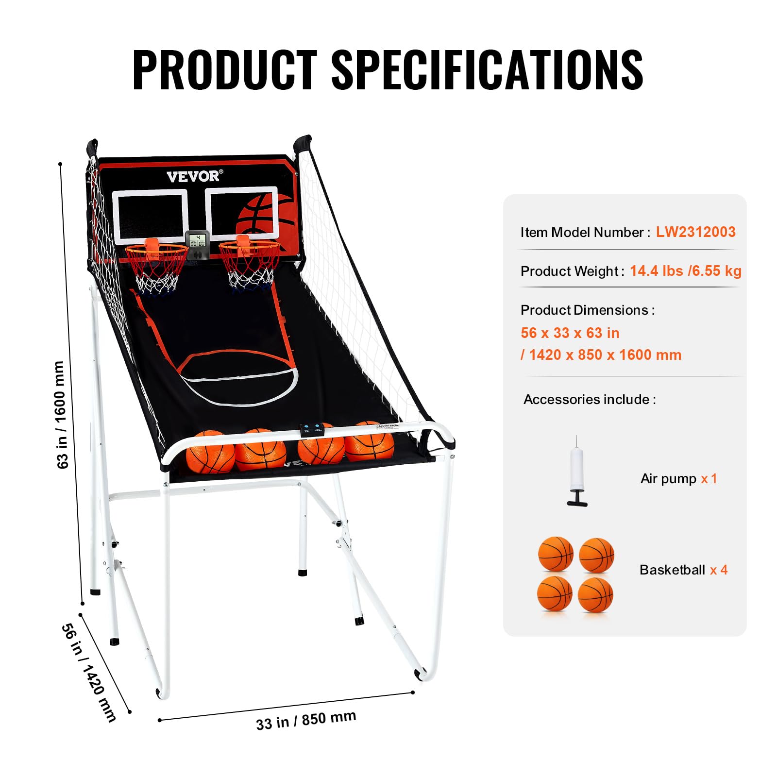 VEVOR 2 Player Indoor Basketball Arcade Game - Home Dual Pop-A-Shot with 8 Game Modes, Electronic Scoreboard & Air Pump - Fun Sports Game for Kids & Adults - Perfect for Family Game Rooms, Basement Entertainment & Birthday Parties