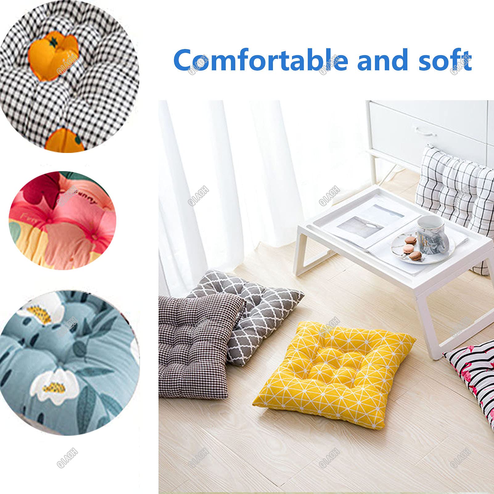 Non-Slip Square Dining Chair Seat Cushions Set of 6 with Straps - Soft Comfortable Chair Pads for Indoor, Outdoor, Garden, Office & Living Room - Perfect for Dining Sets, Patio Furniture and Home Decor