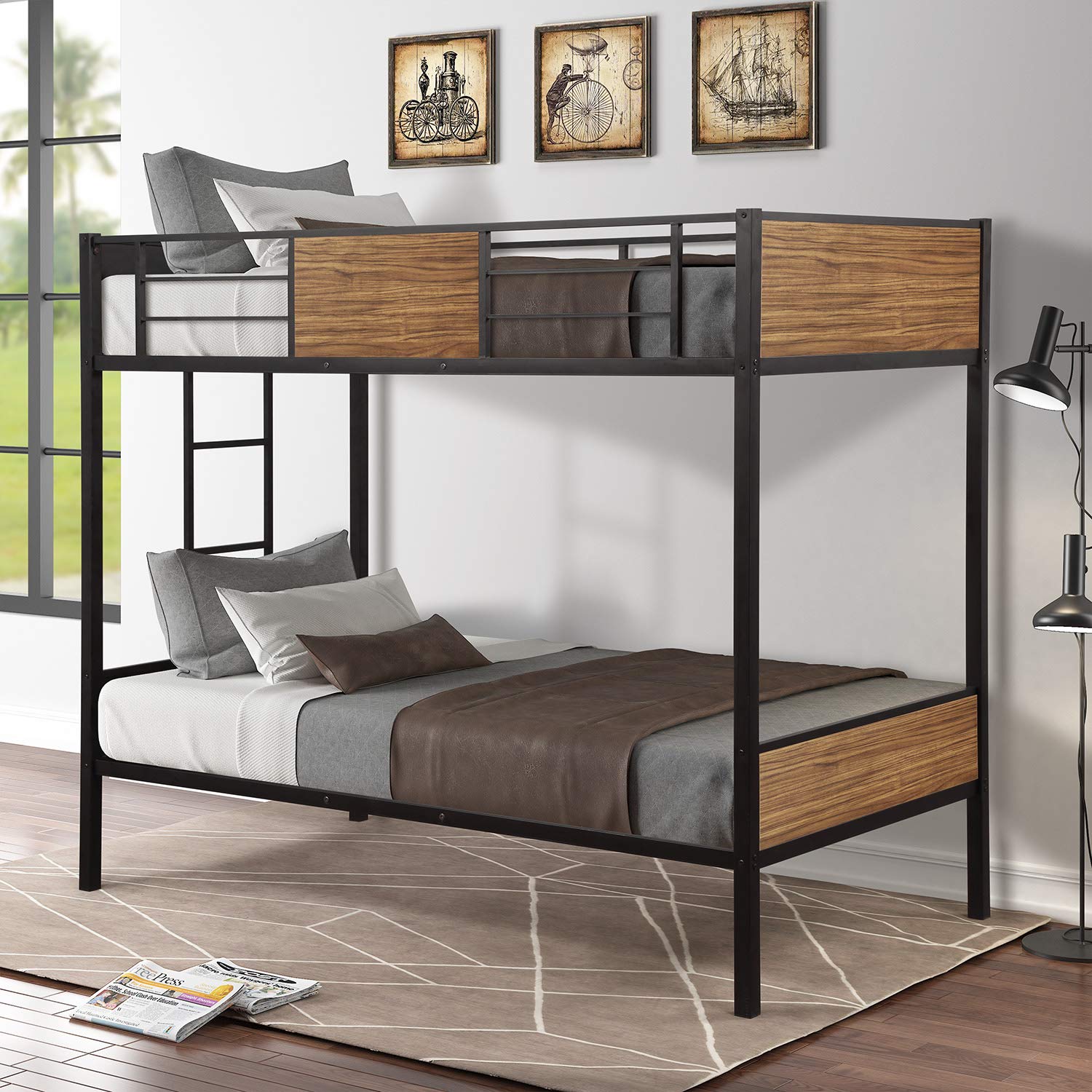 Merax Twin-Over-Twin Steel Frame Bunk Bed with Safety Rail & Built-in Ladder - Modern Space-Saving Bed for Kids, Teens & Adults - Perfect for Small Bedrooms, Dorms & Guest Rooms (Brown)