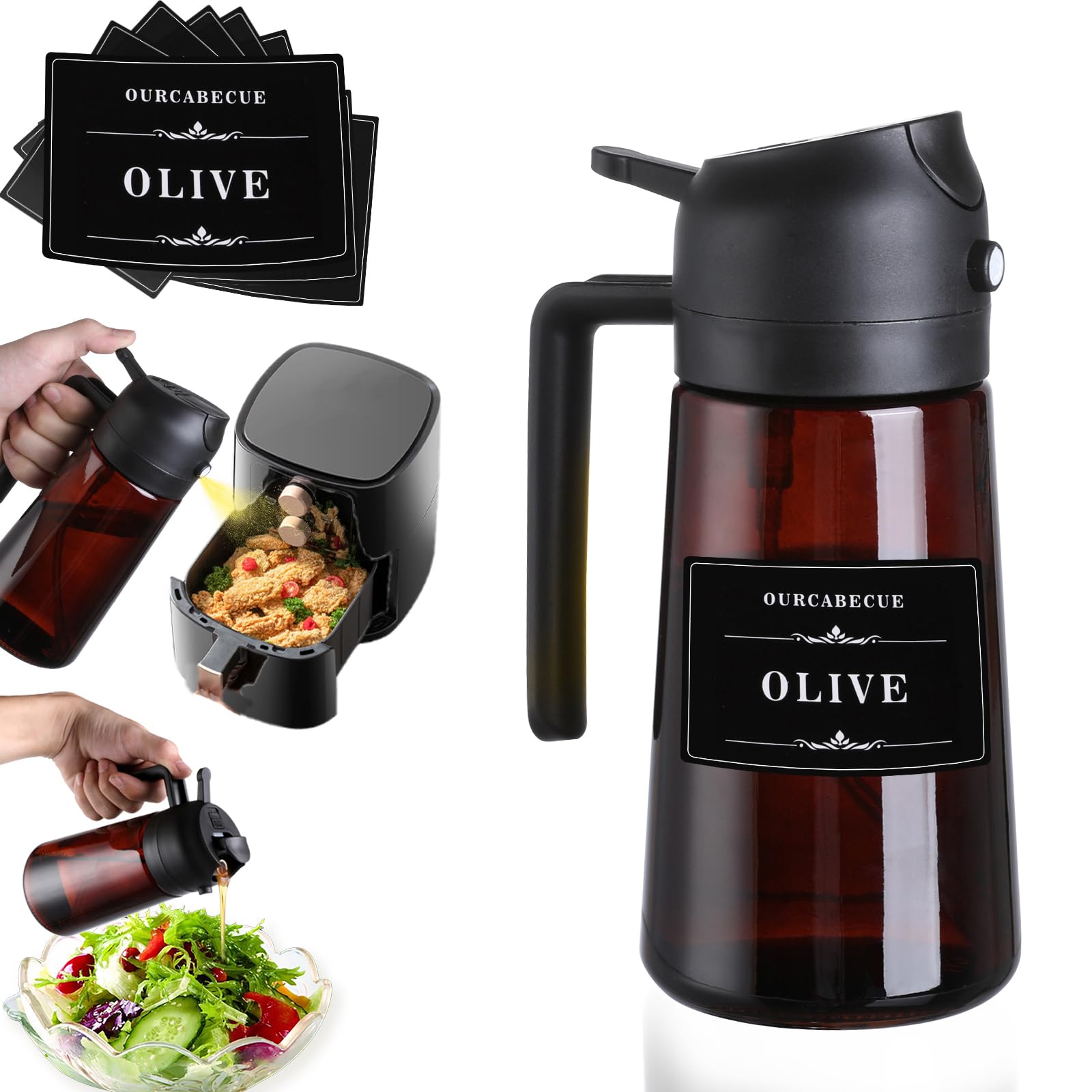 16oz Glass Oil Sprayer for Cooking - 2 in 1 Olive Oil Dispenser Bottle for Air Fryer & Salad