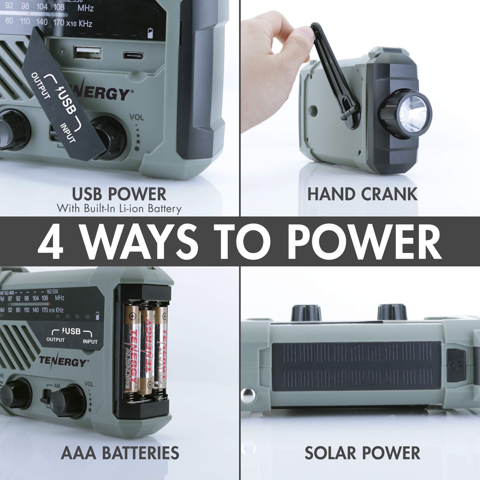 Tenergy Multifunctional Hand Crank Emergency Weather Radio with LED Flashlight, SOS Alarm, USB Phone Charger & AM/FM/NOAA - Perfect for Outdoor Camping, Hiking, Power Outages & Survival Kits