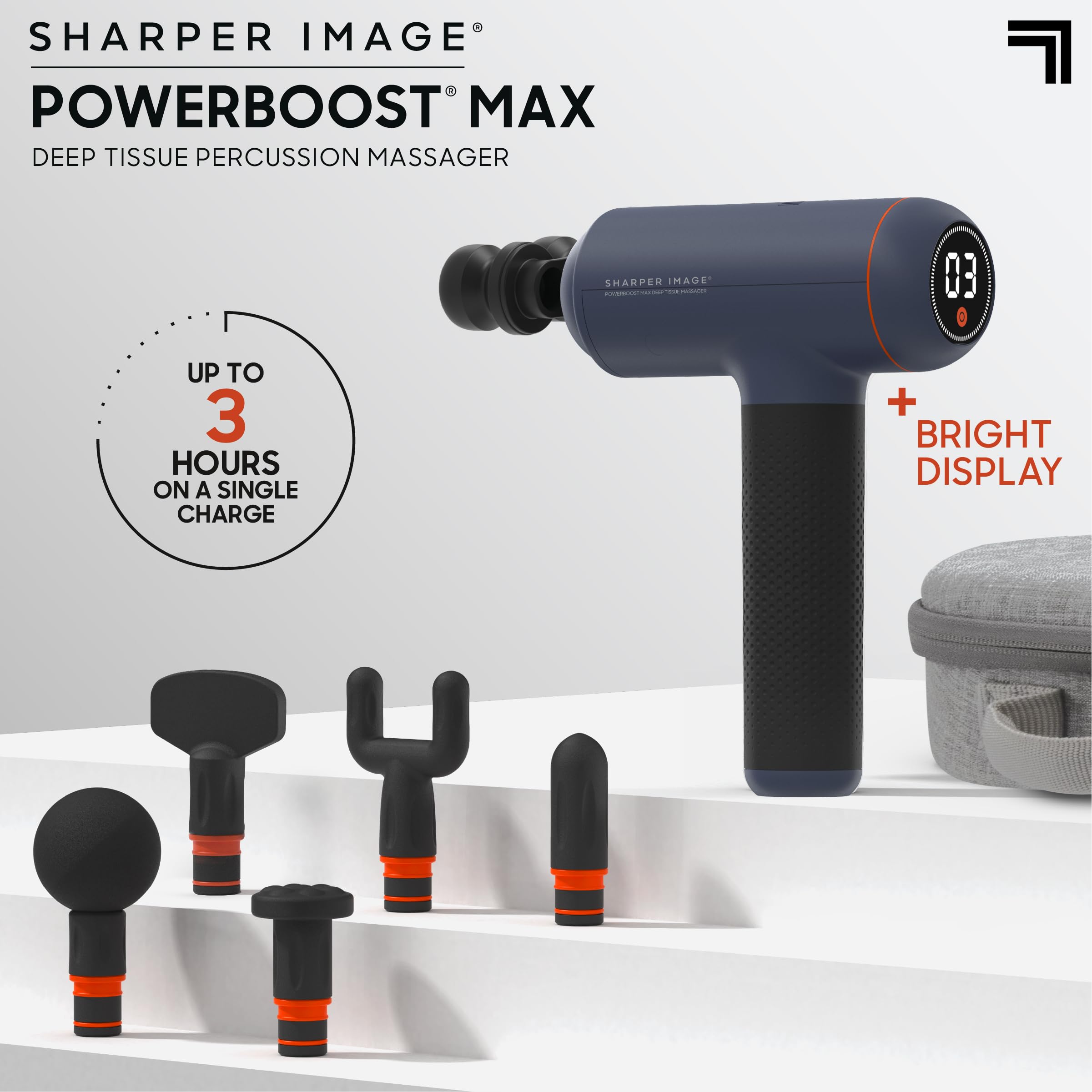 Sharper Image Powerboost Max Deep Tissue Massage Gun - 6 Attachments, 7 Speed Levels, Ultra Quiet Percussion Massager for Back, Shoulder, Leg & Full Body Pain Relief | Handheld Muscle Recovery Tool for Athletes, Post-Workout, Office Workers & Home Use