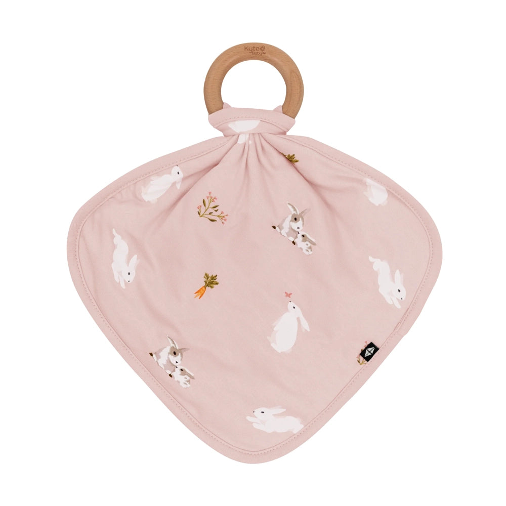 Kyte Baby Lovey with Removable Wooden Teething Ring - Soft Blush Rabbit Blanket for Infants & Toddlers - Perfect for Soothing, Teething Relief, and Bedtime Comfort