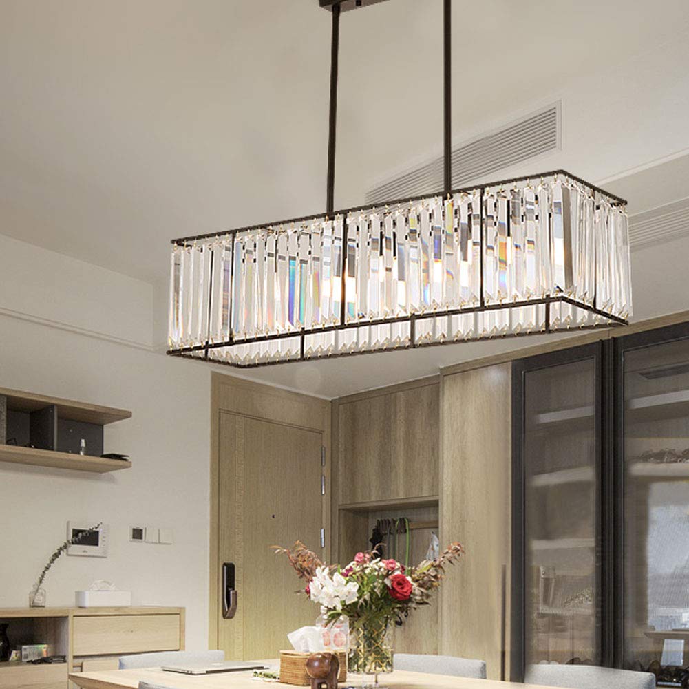 Modern Rectangular K9 Crystal Chandelier - 4-Light Pendant Ceiling Light Fixture for Dining Room, Kitchen, Living Room & Bedroom - Elegant Lighting Solution (33.5 Inch)