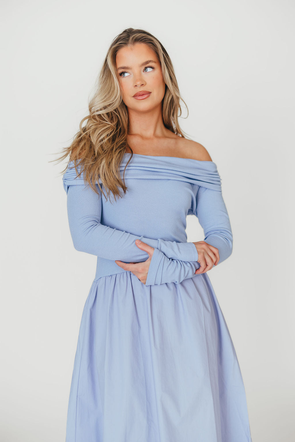 Elegant Blue Francis Long Sleeve Off Shoulder Midi Dress for Women | Flowy Party & Wedding Guest Dress | Perfect for Date Night, Cocktail Events & Fall Weddings