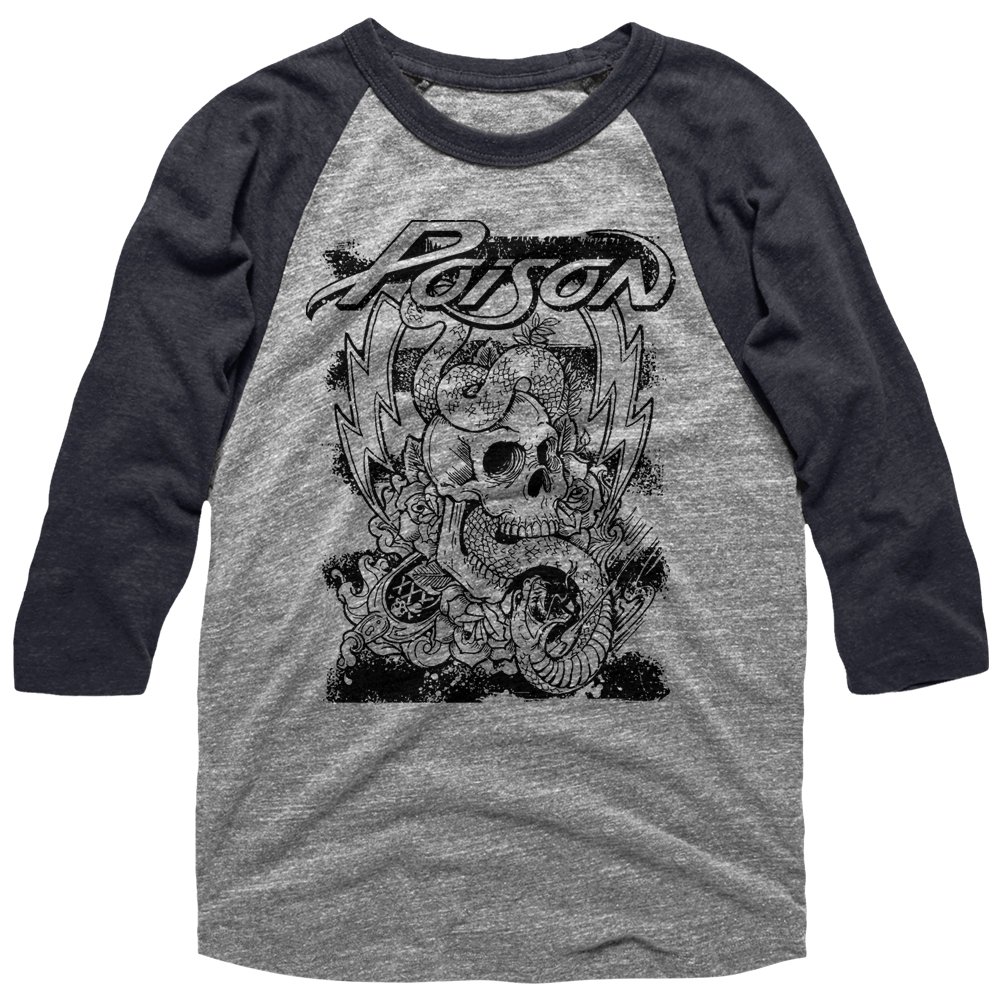 Poison Skull & Snake Lightning Roses Flames Graphic Raglan T-Shirt for Men & Women | Vintage American Gothic Style | Perfect for Concerts, Halloween & Streetwear