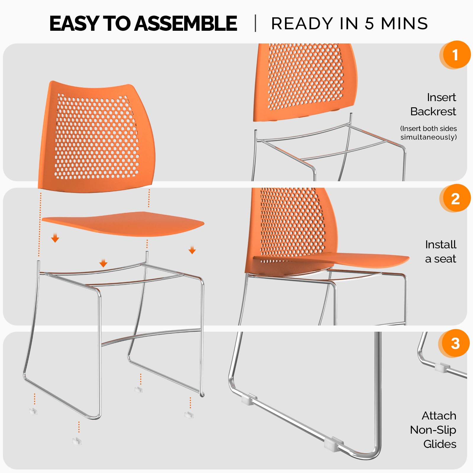 VINGLI 5-Pack Stackable Office Chairs with Metal Sled Base - Ergonomic Plastic Seat & Ventilated Back - Space-Saving Chairs for Waiting Rooms, Break Rooms, Banquets & Guest Seating (Orange) - Perfect for Home, Office & Event Use