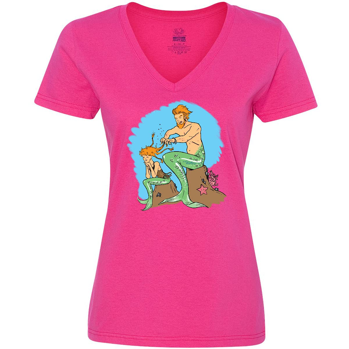 Inktastic Mer Dad and Daughter Braiding Radiant Red Hair Women's V-Neck T-Shirt | Father-Daughter Matching Outfits, Casual Wear, Gift for Dad