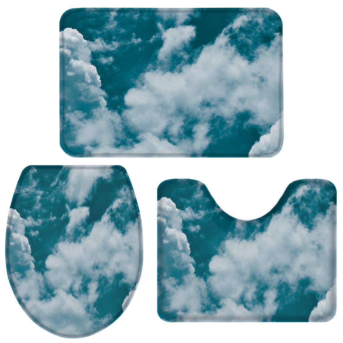 Premium 3-Piece Non-Slip Bath Mat Set - Ultra Soft Absorbent Cloud Design for Bathroom, Shower & Tub - Washable Memory Foam Carpet Rugs in White & Teal - Perfect for Bathroom Safety, Kitchen & Doormat Use