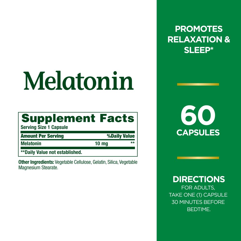 Nature's Bounty Melatonin 10mg - 60 Count | 100% Drug-Free Sleep Aid & Dietary Supplement | Promotes Restful Sleep for Jet Lag, Shift Work & Occasional Sleeplessness