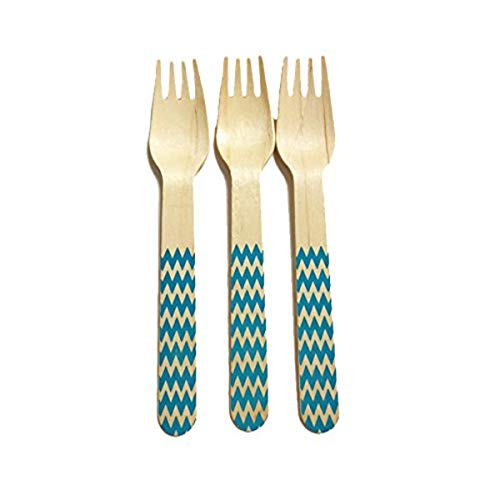 Premium Wooden Forks - Chevron Pattern Disposable Cutlery Set, 6 Inch, Pack of 36 - Elegant Blue Printed Utensils for Parties, Weddings & Picnics
