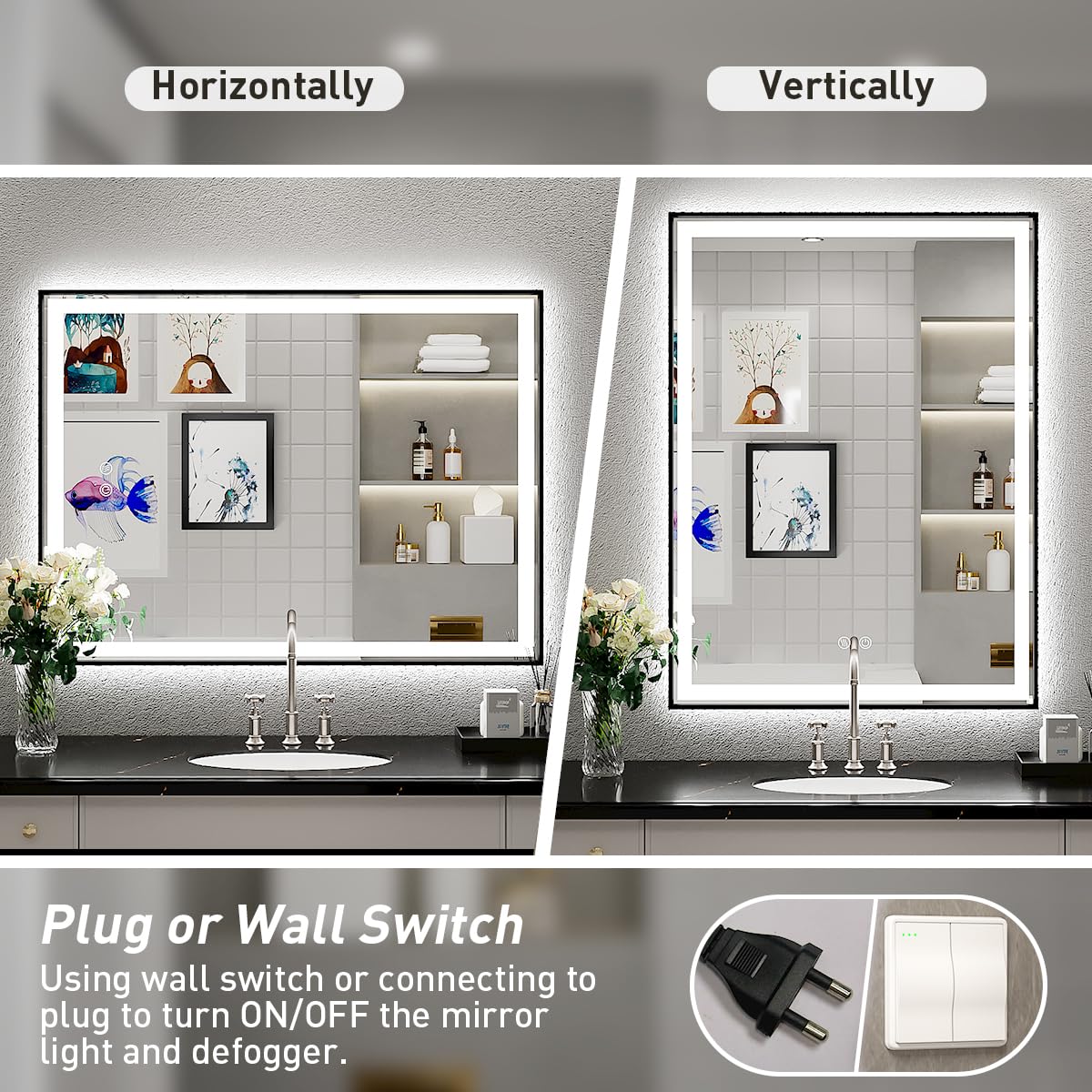 24x32 Inch LED Bathroom Mirror with Frontlit & Backlit - Black Metal Frame Anti-Fog Vanity Mirror with Stepless Dimmable Lights - Perfect for Makeup, Shaving & Home Decor