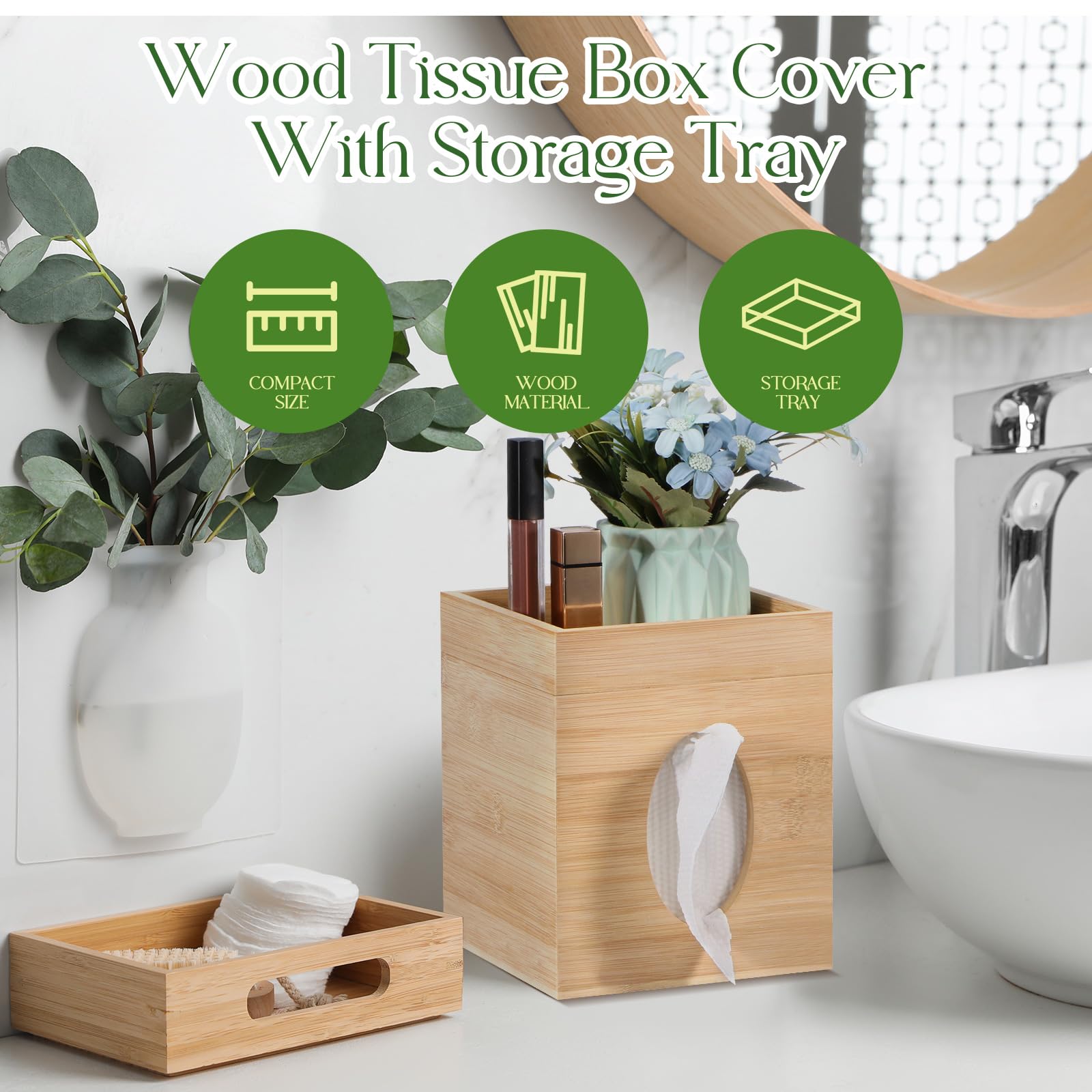 Bamboo Tissue Box Cover with Storage Tray - 6