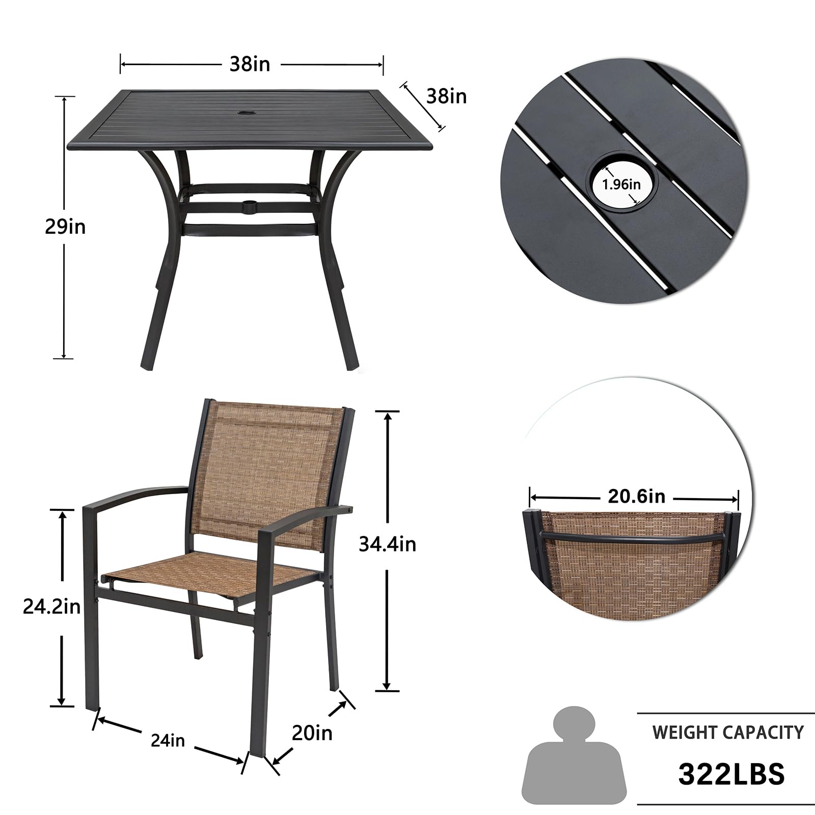 LEVELEVE 5-Piece Outdoor Patio Dining Set - 4 Textilene Chairs & 1 Square 38