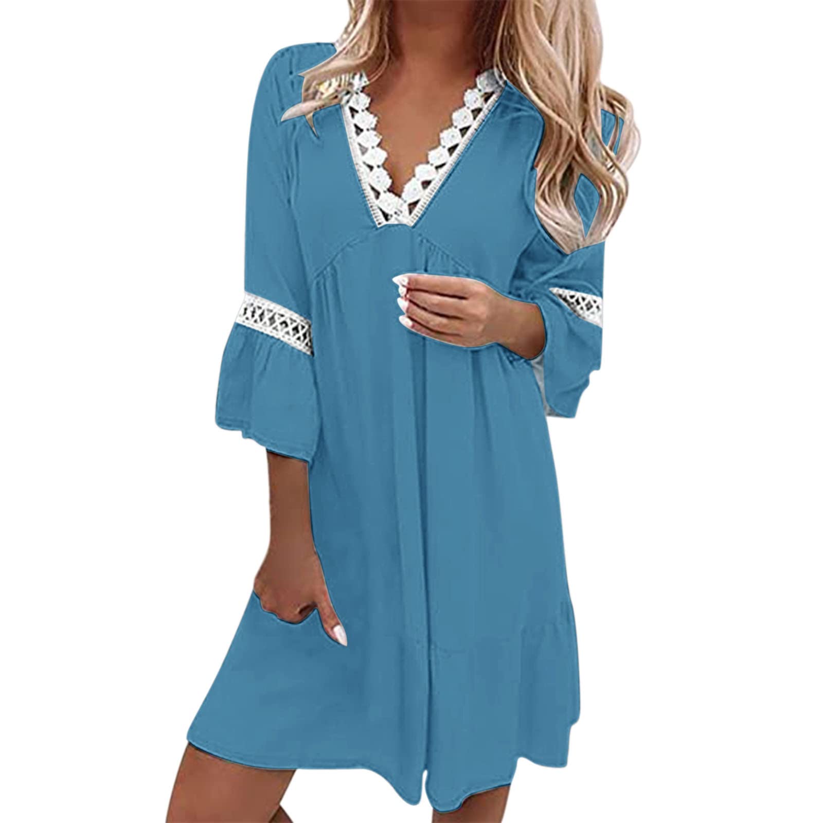 2023 Women's Summer Party Dress - Ethnic Bohemian Style Lace Trim V-Neck Swing Dress with 3/4 Sleeves | Mini & Midi Length Options | Perfect for Weddings, Beach Vacations & Festivals (Blue, Size S)