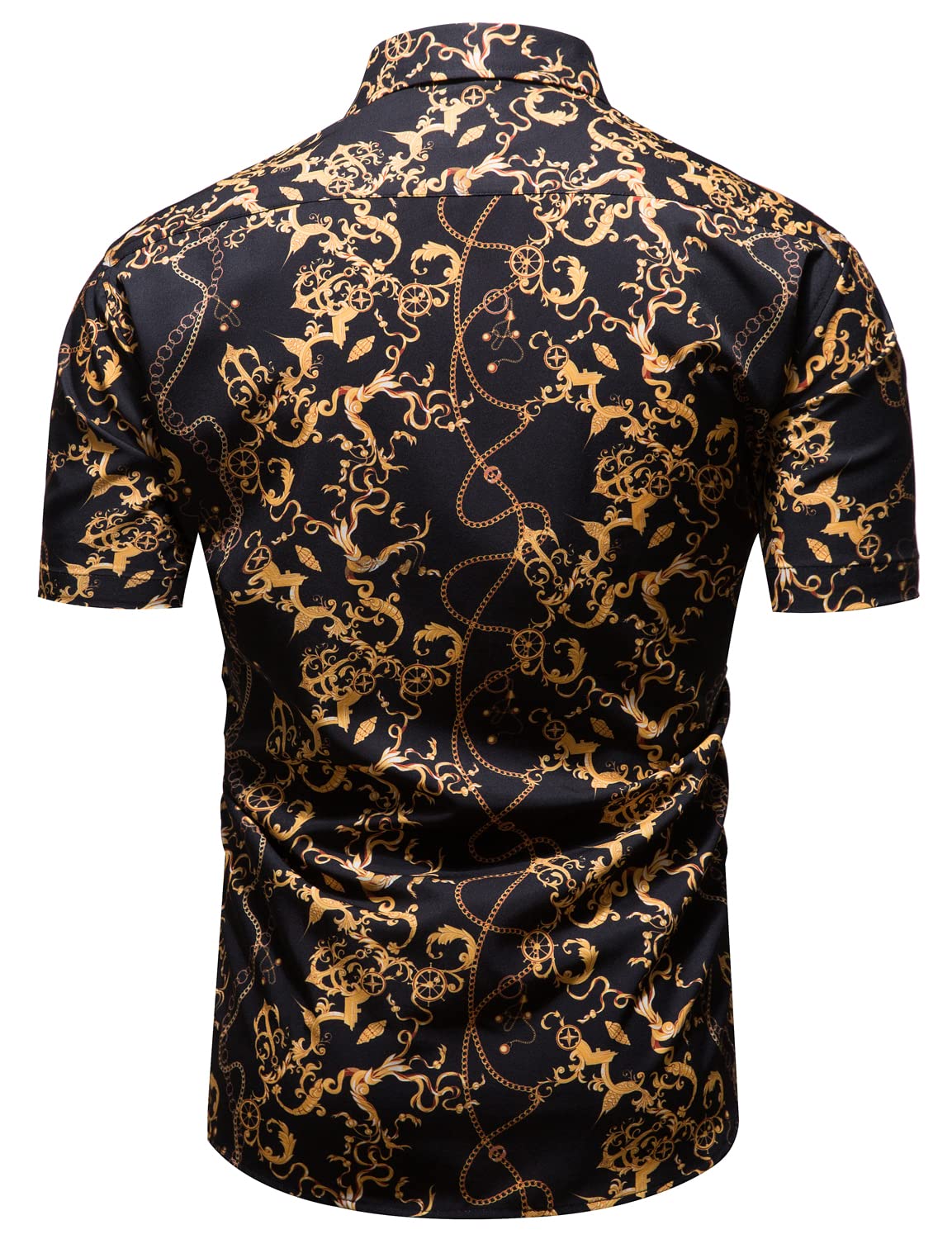 Men's Black & Gold Luxury Dress Shirt - Short Sleeve Baroque Chain Print Button Down Shirt | Formal & Casual Wear for Parties, Weddings & Office