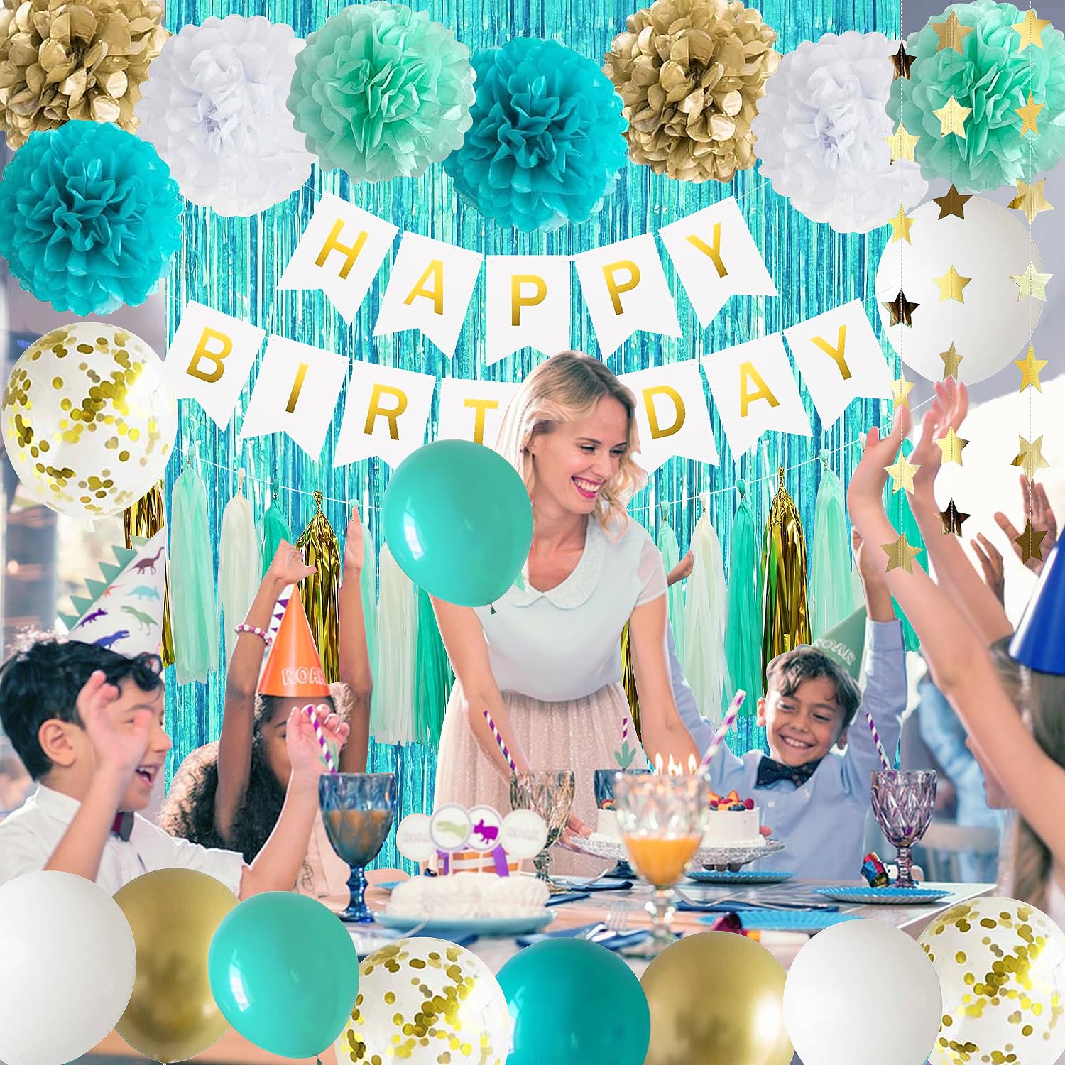 Teal Blue & Gold Birthday Party Decorations Set - Happy Birthday Banner, Foil Fringe Curtain, Tissue Pom Poms, Star Garland for Women & Girls - Perfect for Birthday Parties, Baby Showers & Special Celebrations