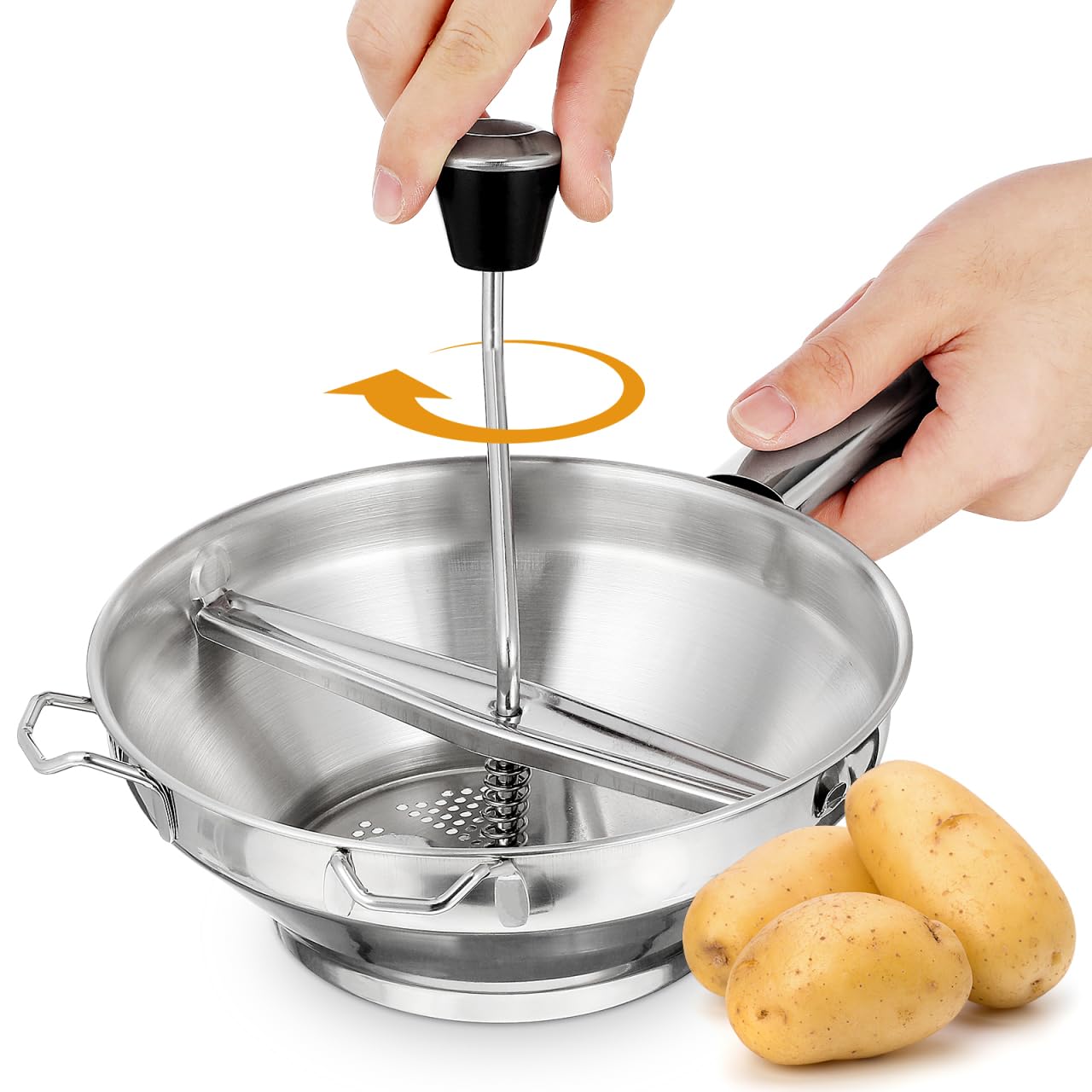 HANABASS Rotary Potato Ricer - Large Stainless Steel Potato Masher with Non-Slip Silicone Handle for Smooth Mashed Potatoes, Jams & Sauces | Perfect for Home Cooking, Baking & Meal Prep