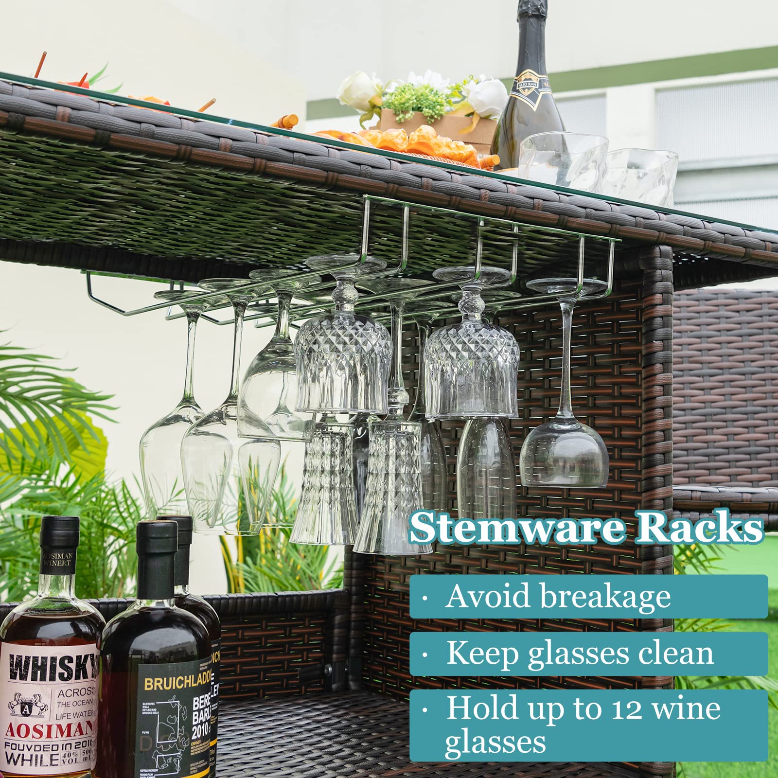**Tangkula 3-Piece Outdoor Bar Set - Wicker Patio Bar Table & 2 Stools with Stemware Racks, Hidden Storage & Tempered Glass Top - Perfect for Backyard, Poolside, Garden (Mix Brown)**