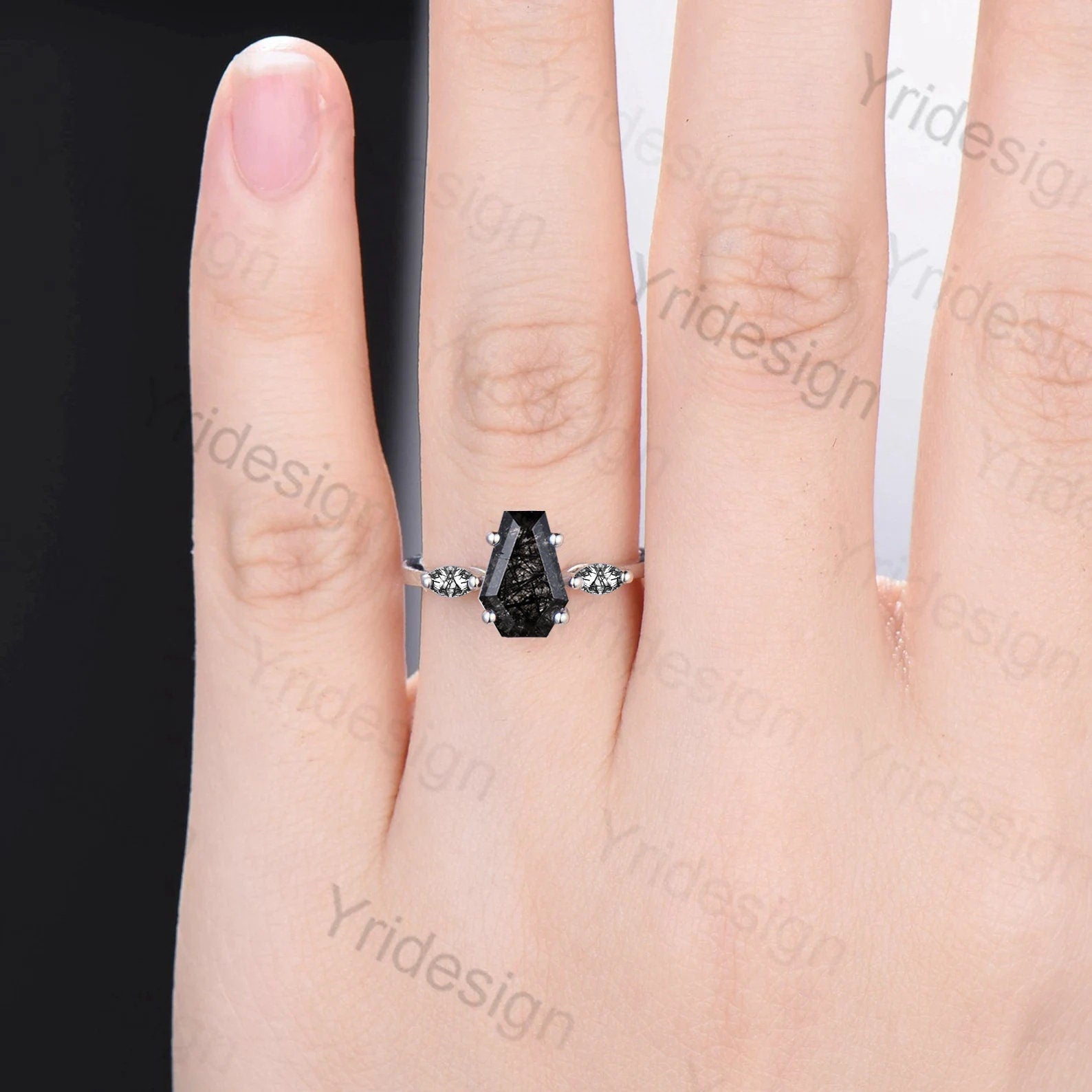 Minimalist Coffin Shaped Black Rutilated Quartz Ring with Dainty Marquise Black Tourmaline - Elegant Three Stone Wedding Band, Unique Proposal Gift for Women | Perfect for Engagement, Anniversary & Alternative Jewelry Lovers
