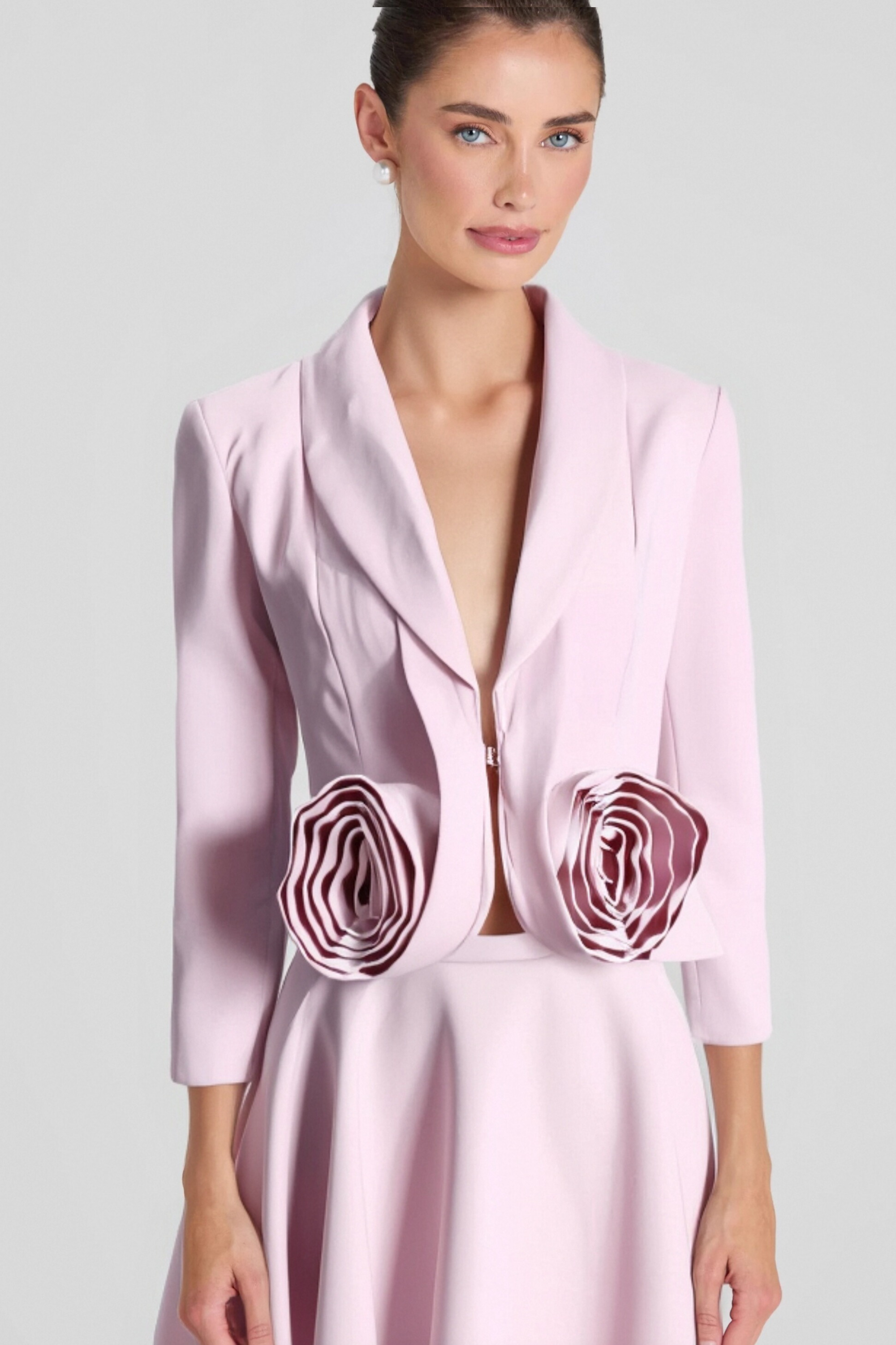 CAROL PINK 3D Floral Blazer & High Waist Midi Skirt Set for Women - Elegant Two Piece Outfit for Office, Wedding & Special Occasions